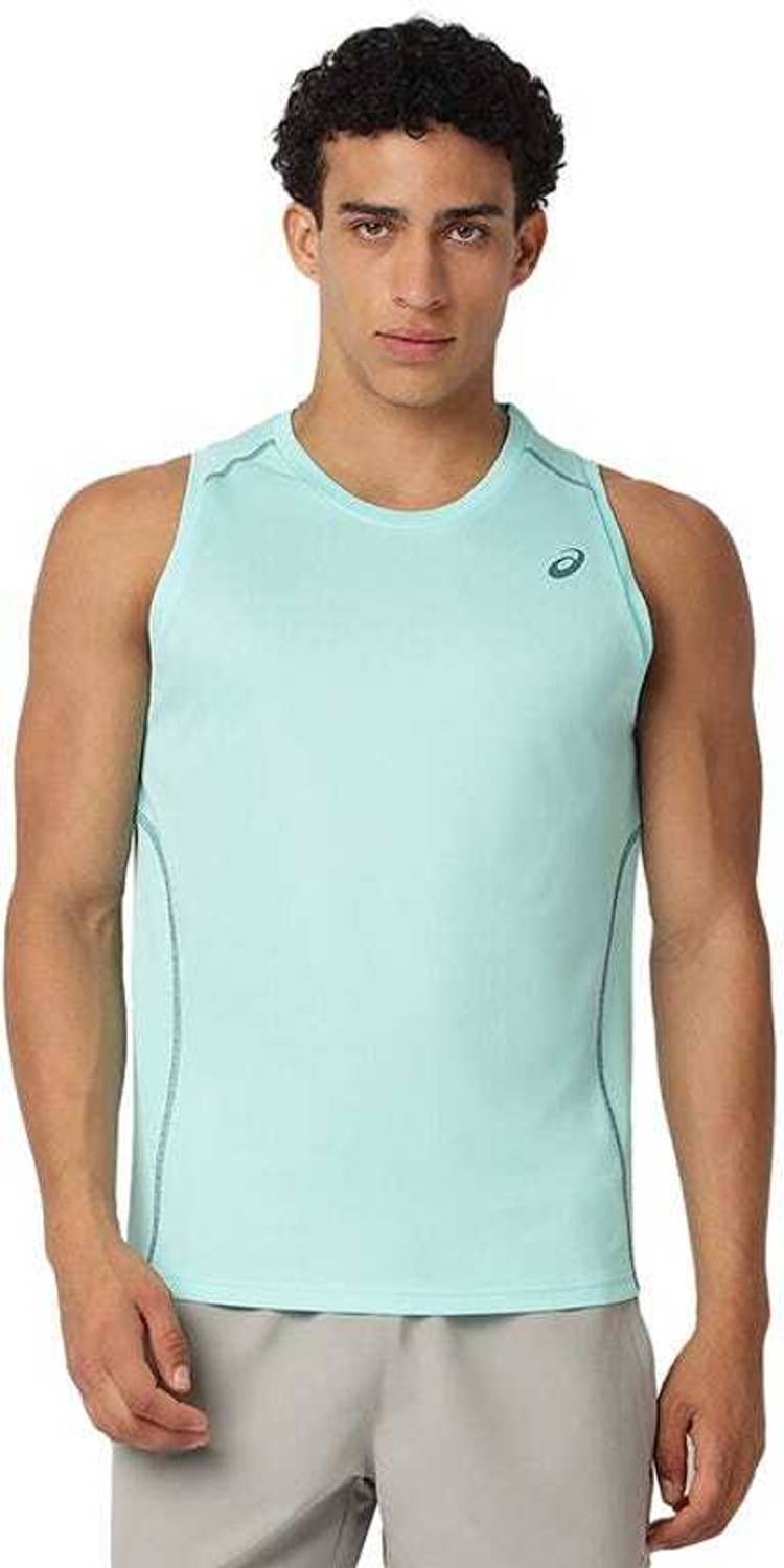 Asics Solid Men Round Neck Blue T-Shirt