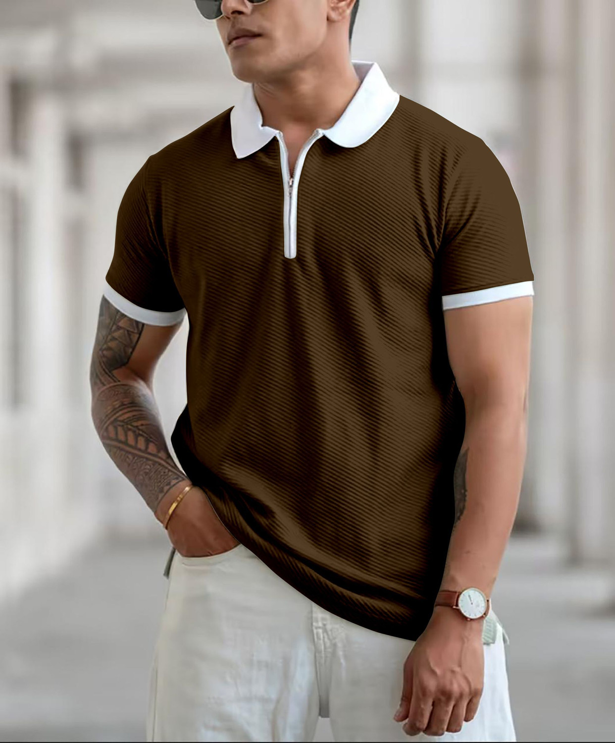 Image of COMBRAIDED Self Design Men Polo Neck Brown T-Shirt