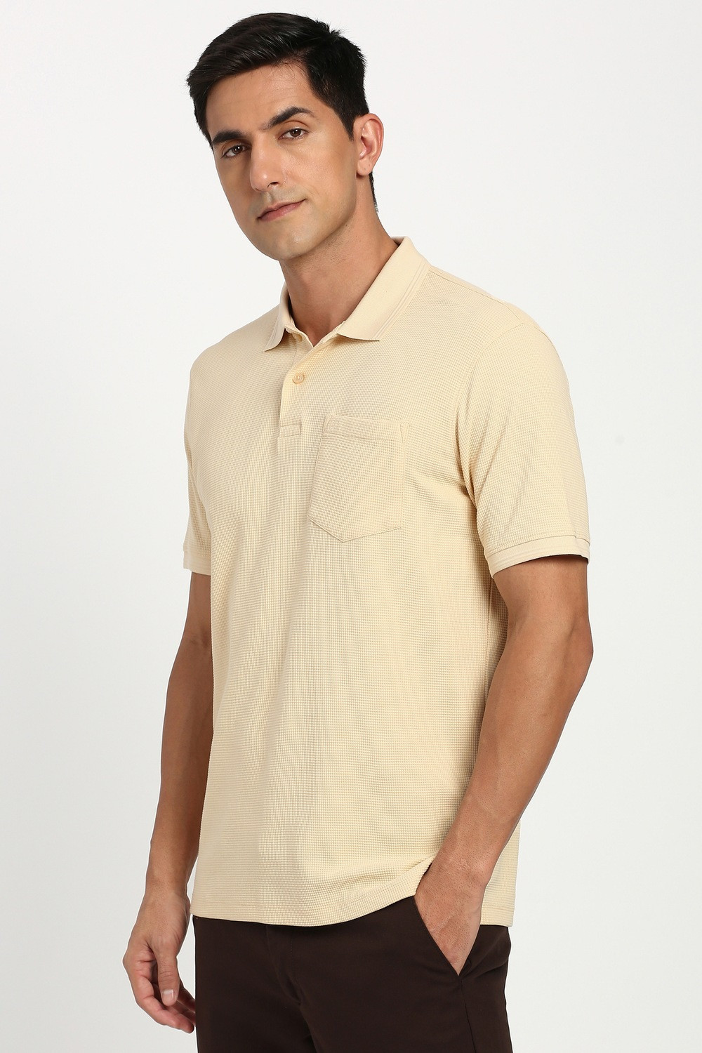 Image of PETER ENGLAND Solid Men Polo Neck Beige T-Shirt