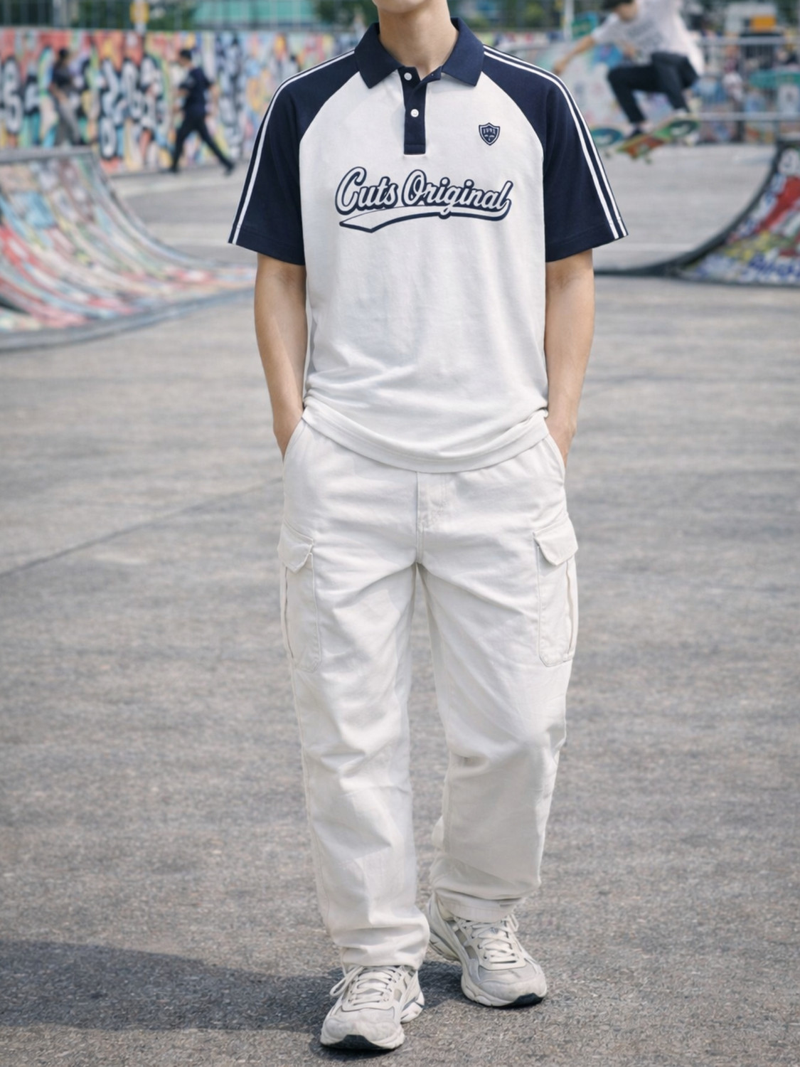 Image of Jump Cuts Printed Men Polo Neck White, Dark Blue T-Shirt