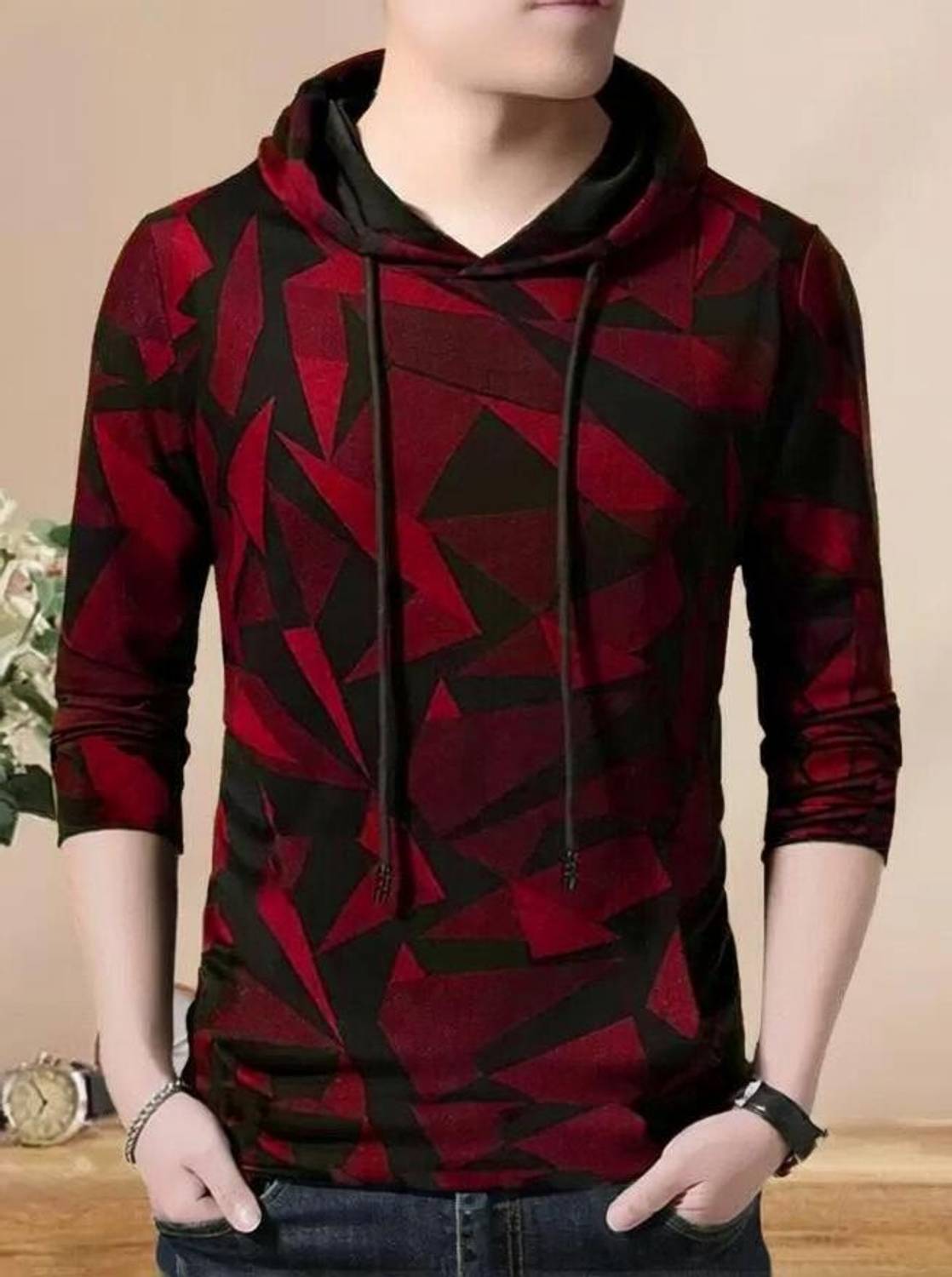 Try This Solid Men Hooded Neck Red T-Shirt