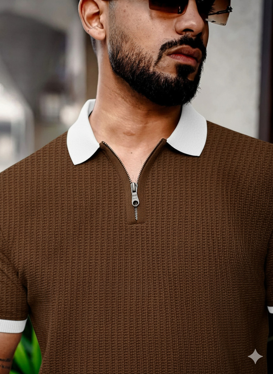 Image of CrisPet Solid, Self Design Men Zip Neck Brown T-Shirt