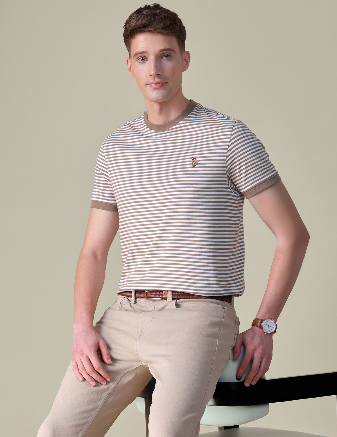 Image of U.S. Polo Assn. Denim Co. Striped Men Crew Neck Brown T-Shirt