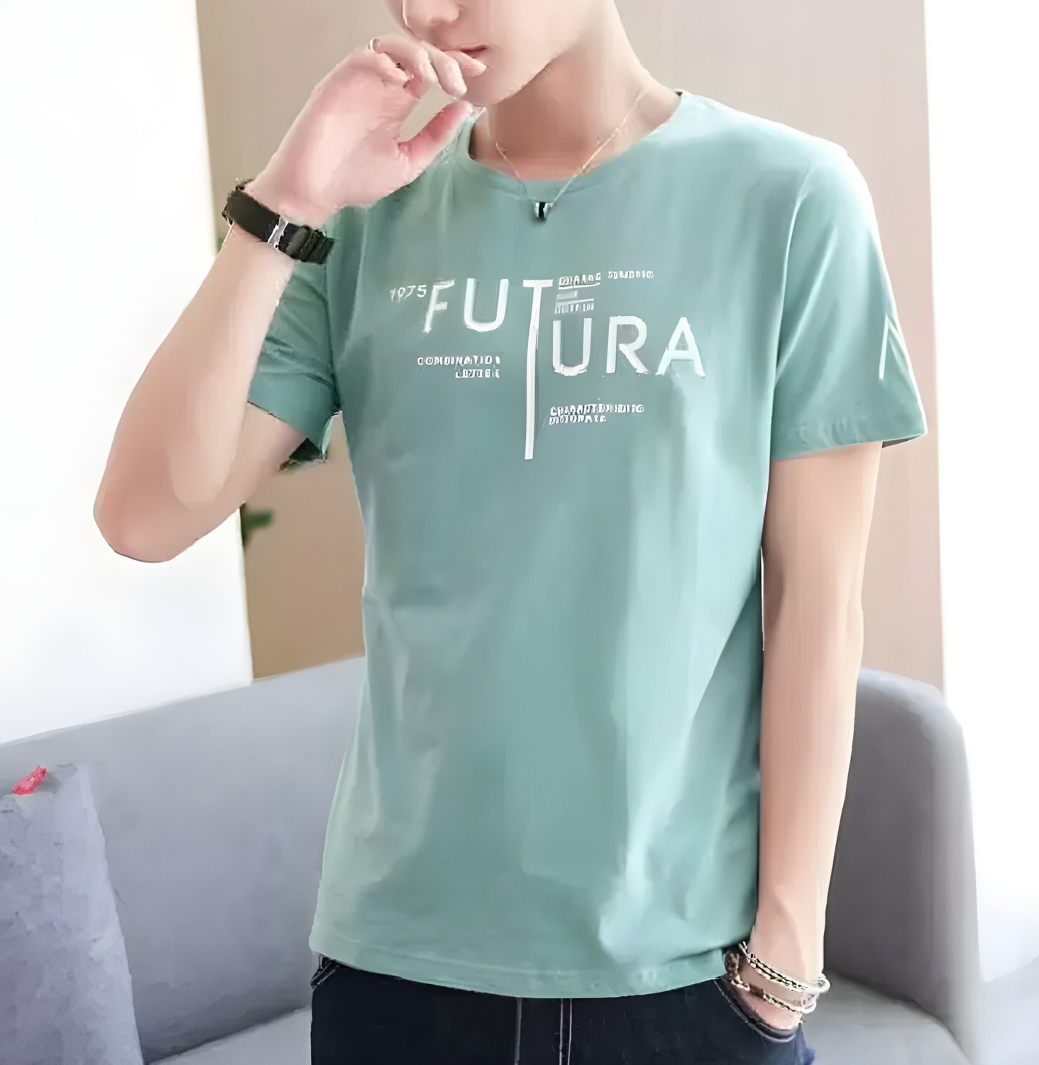 Image of Farlucci Printed Men Round Neck Light Green, Dark Green T-Shirt