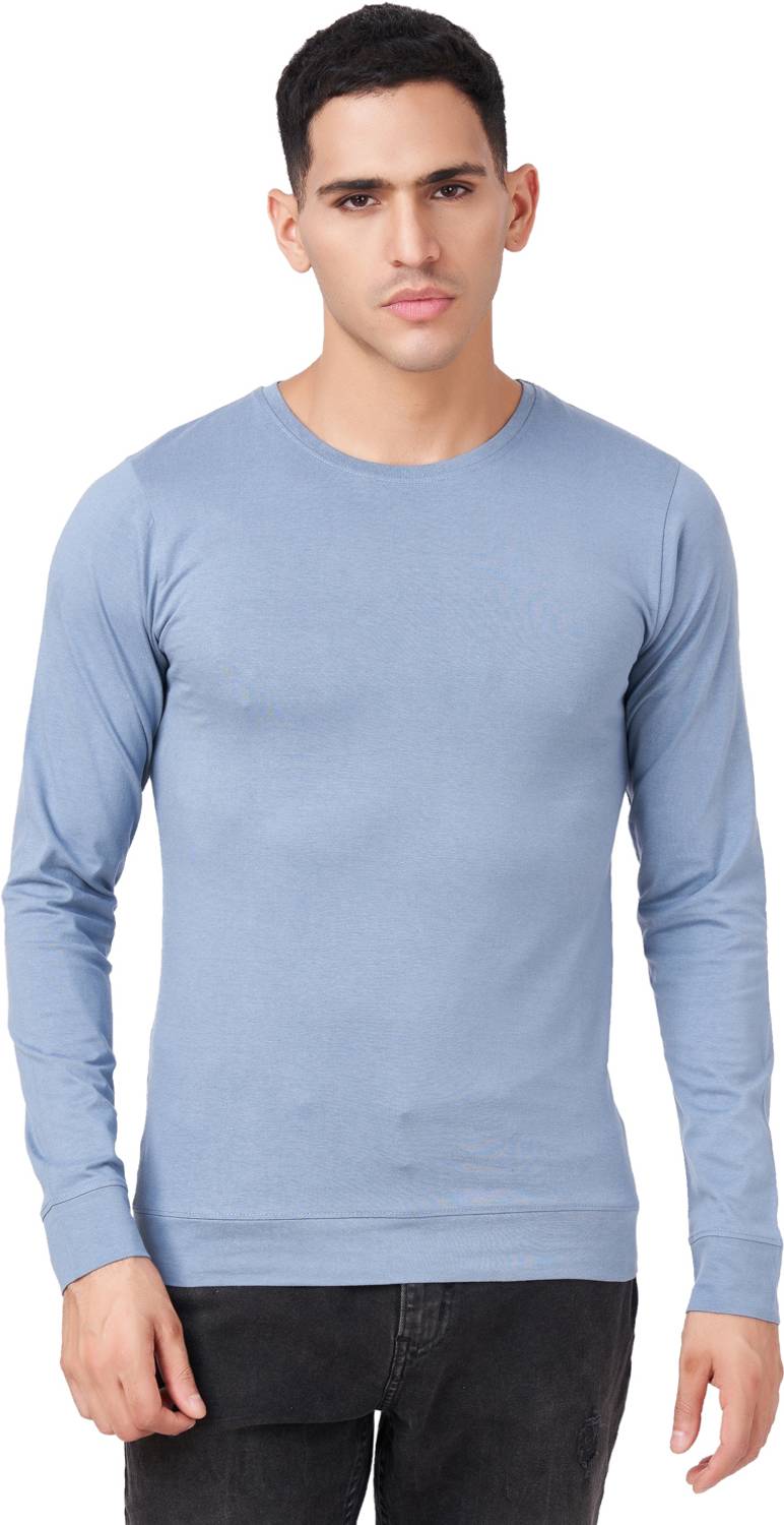 Zulements Men Solid Round Neck Cotton Blend Blue T-Shirt