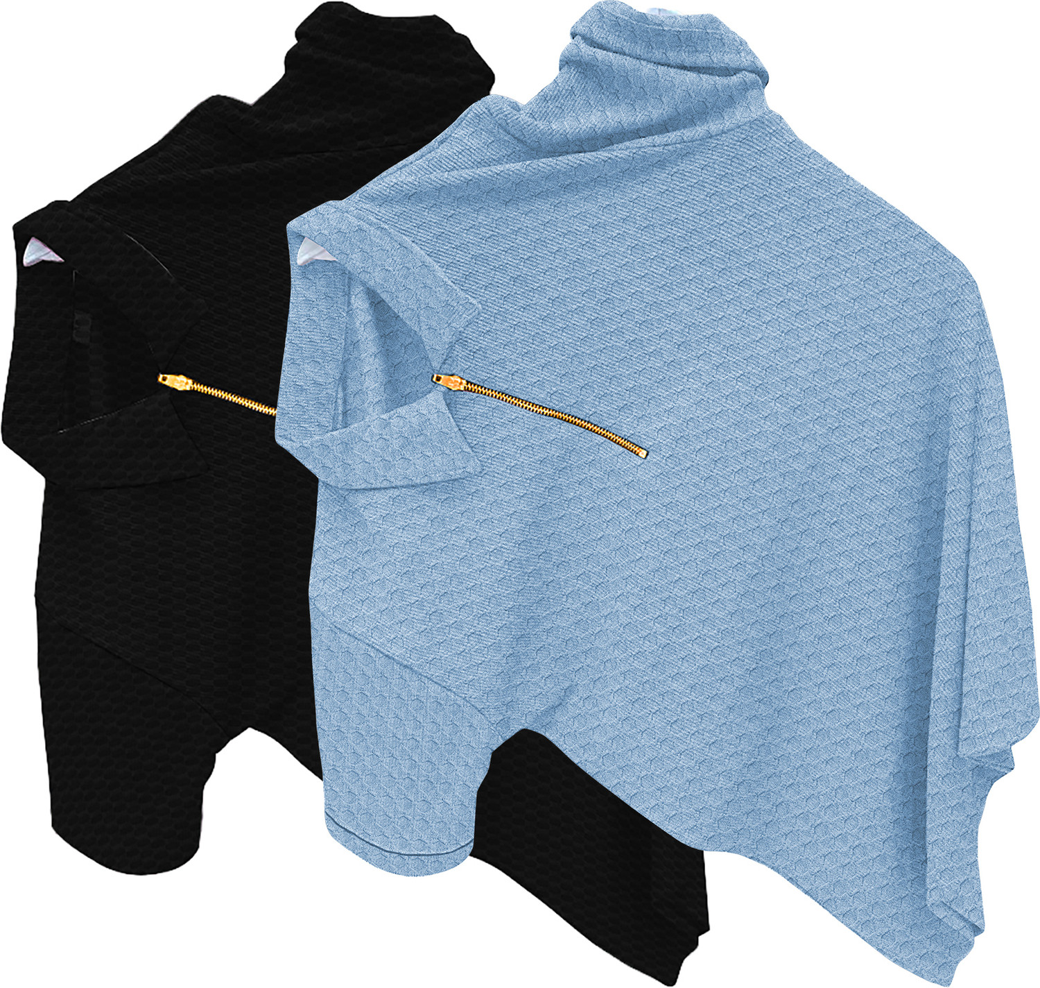 Image of KAJARU Self Design Men Zip Neck Black, Light Blue T-Shirt