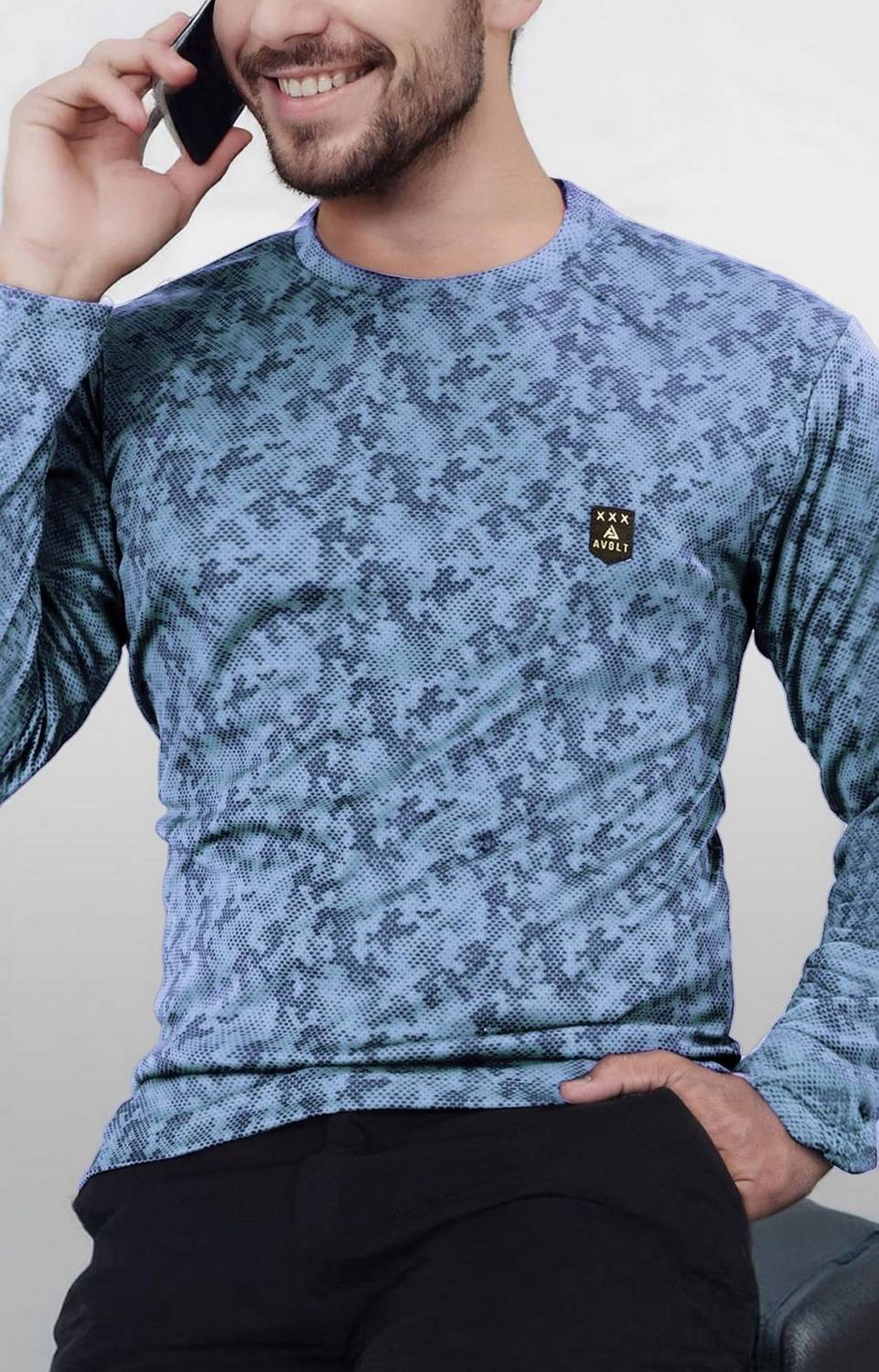 AVOLT Printed Men Round Neck Light Blue T-Shirt