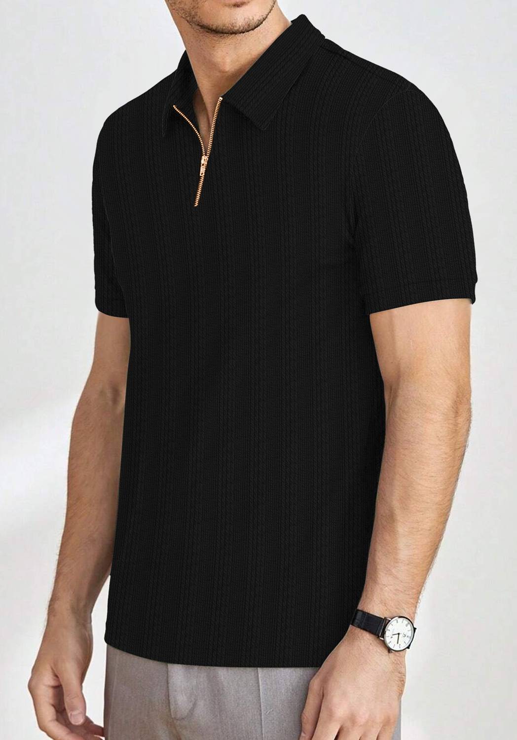KAJARU Men Zip Neck Black T-Shirt - Image 3
