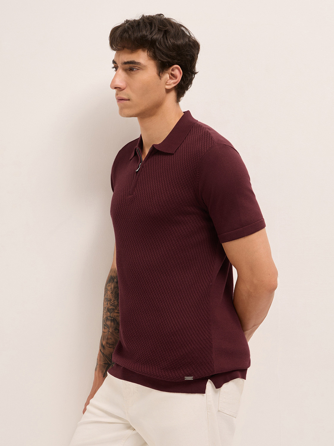 Image of THE BEAR HOUSE Self Design Men Polo Neck Maroon T-Shirt