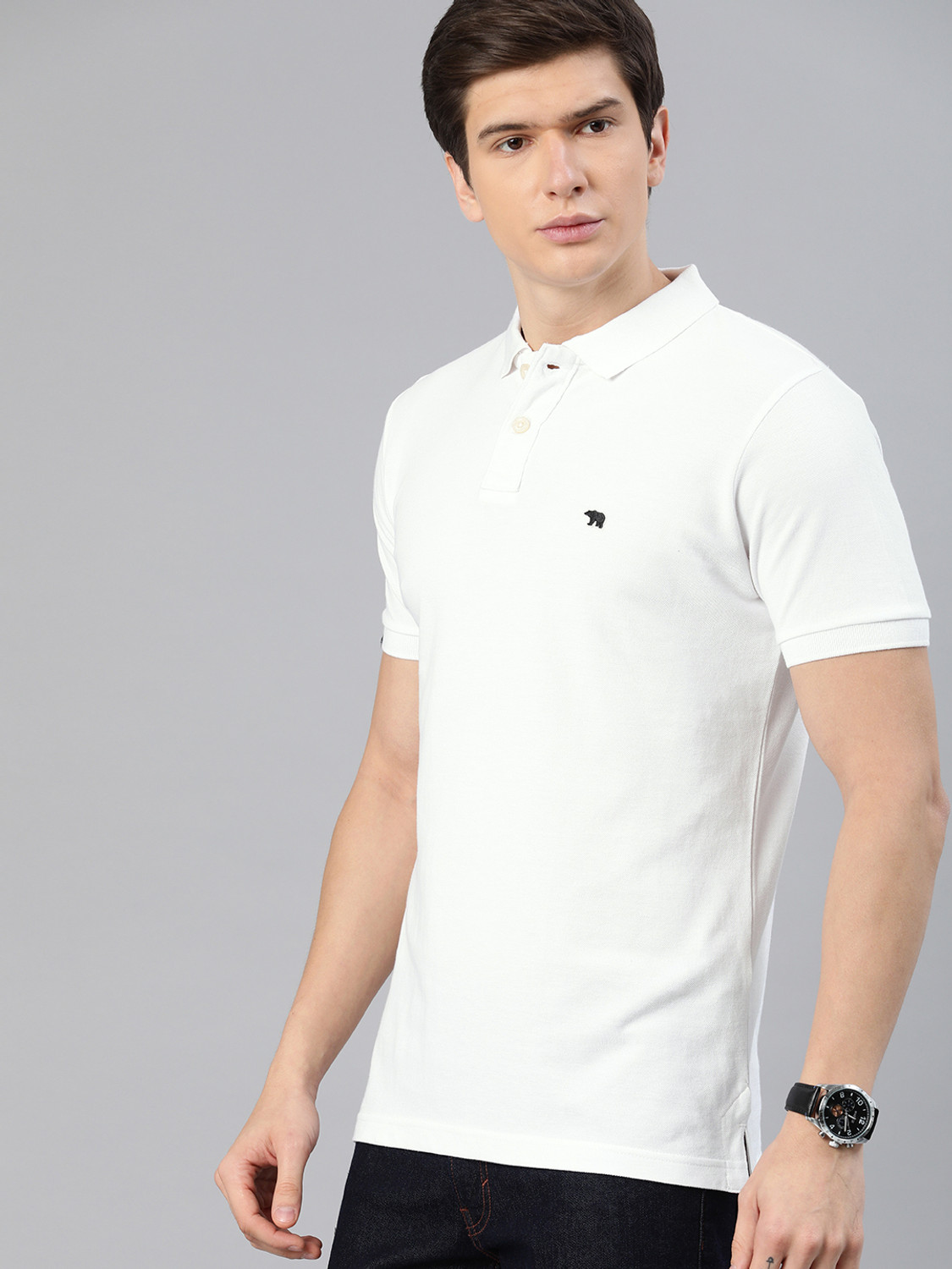 Image of THE BEAR HOUSE Solid Men Polo Neck White T-Shirt