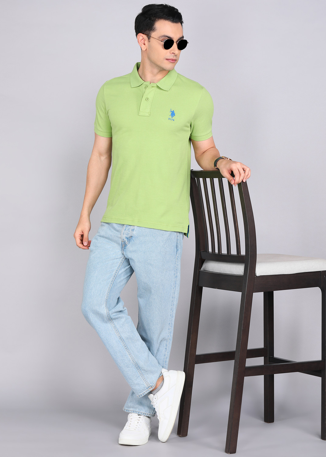 Image of U.S. POLO ASSN. Solid Men Polo Neck Light Green T-Shirt