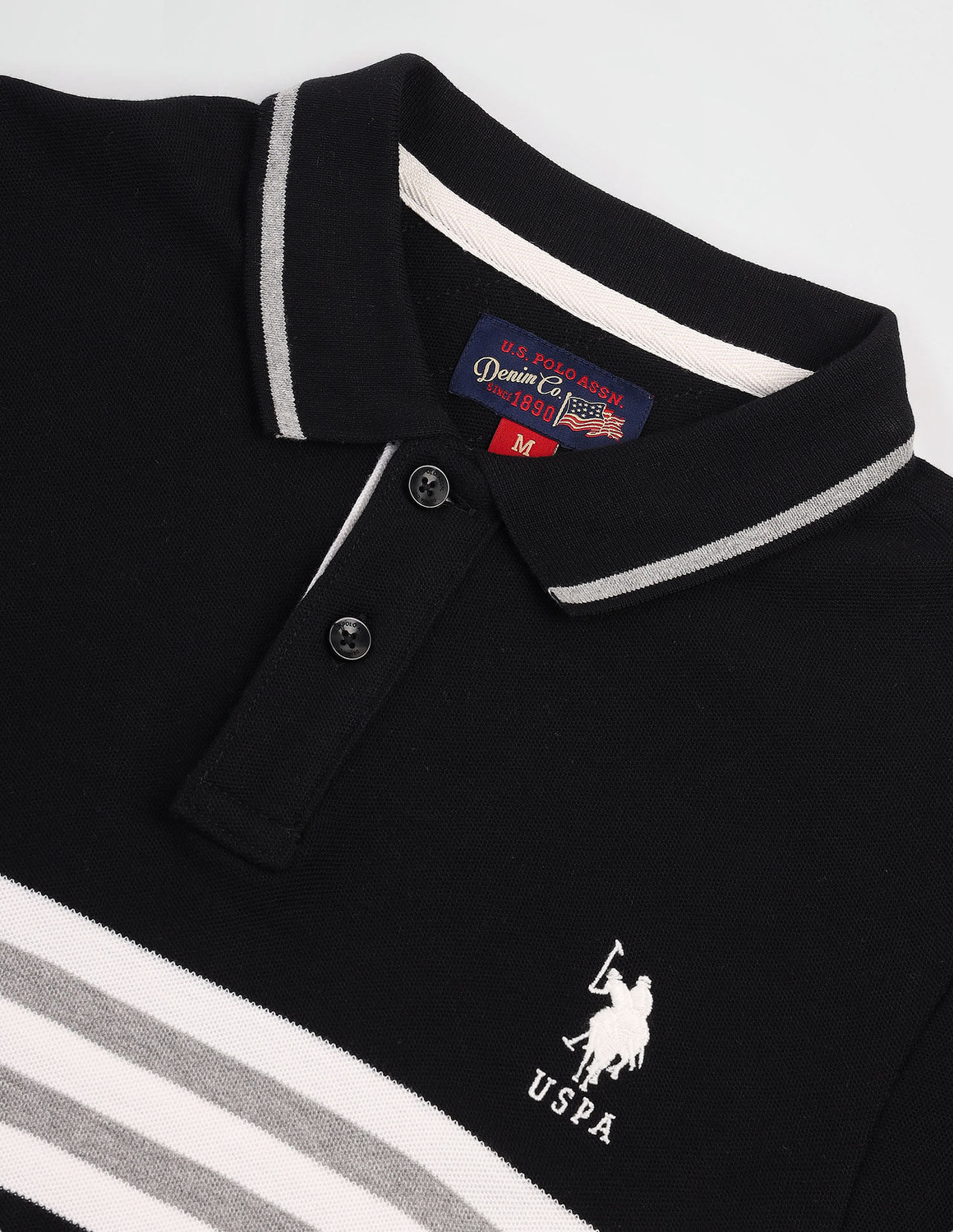 Image of U.S. POLO ASSN. Striped Men Polo Neck Black T-Shirt