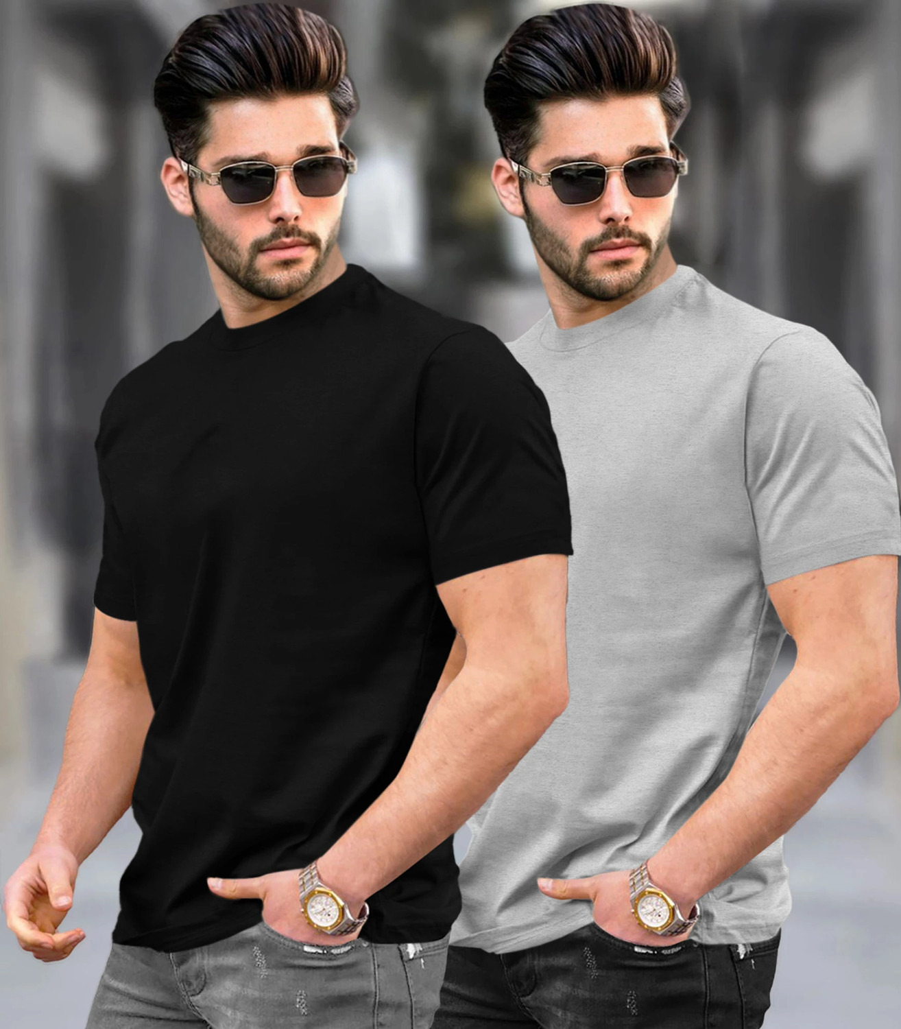 Image of TRIPR Solid Men Round Neck Black, Grey T-Shirt