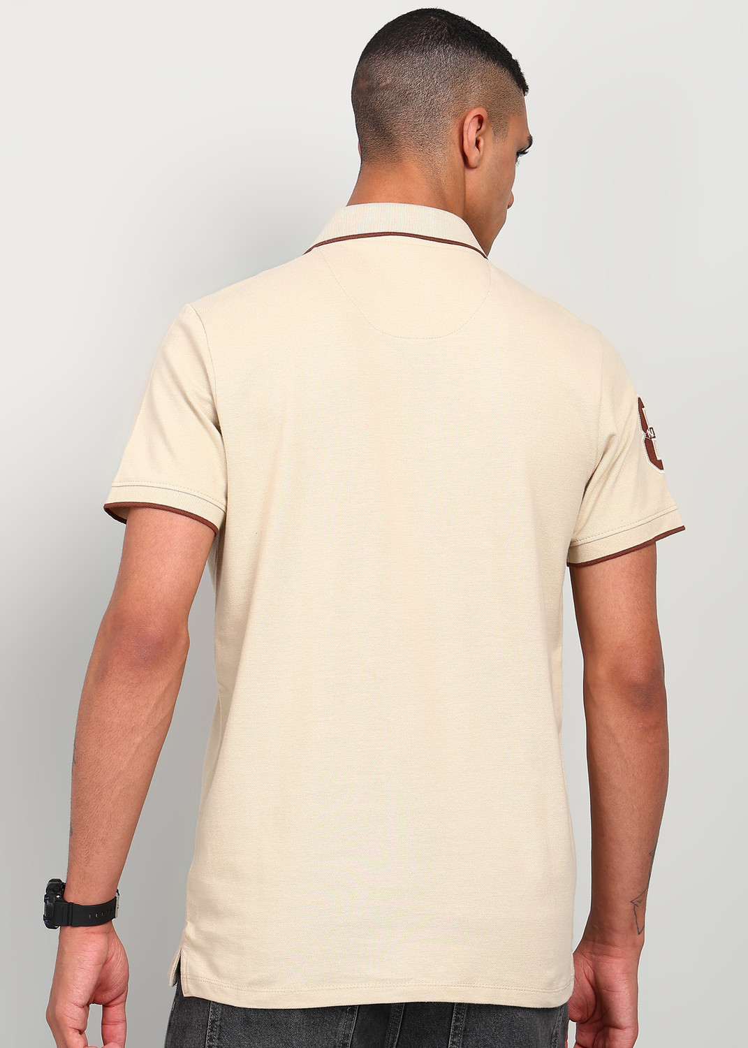 Image of KILLER Solid Men Polo Neck Beige T-Shirt