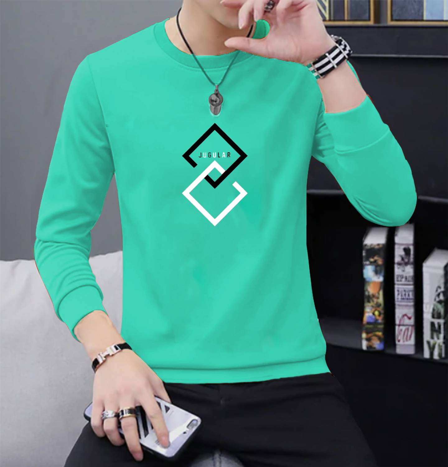 JUGULAR Men Printed Round Neck Pure Cotton Light Green T-Shirt
