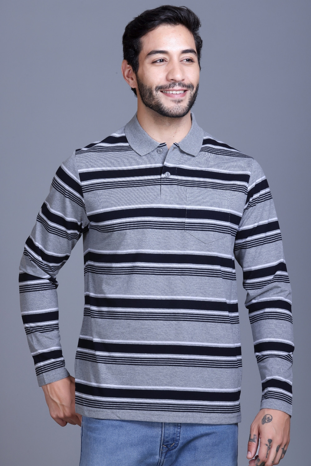 Image of SANE ORIGINALS Striped Men Polo Neck Grey T-Shirt