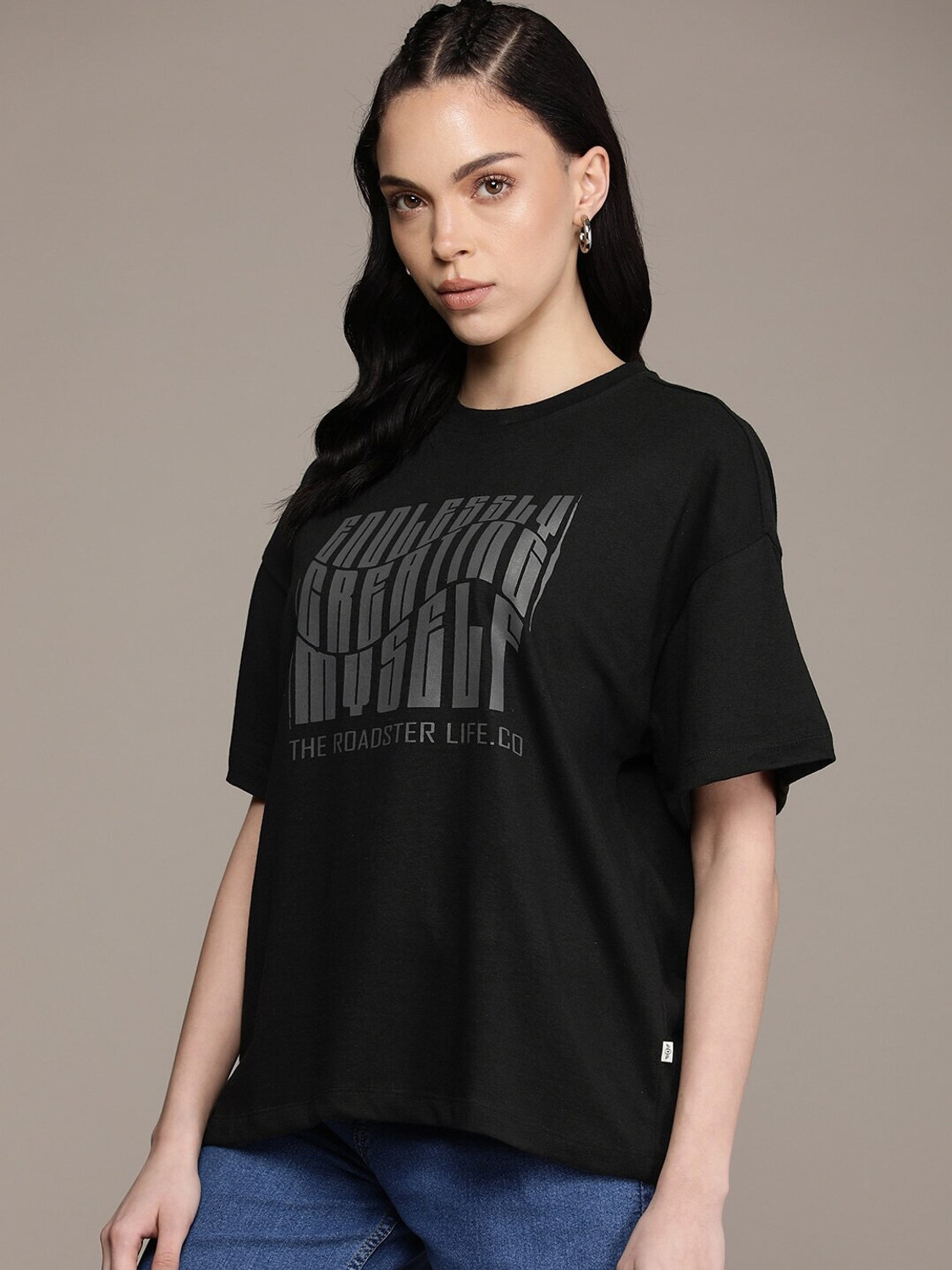 Image of Roadster Printed Women Round Neck Black T-Shirt