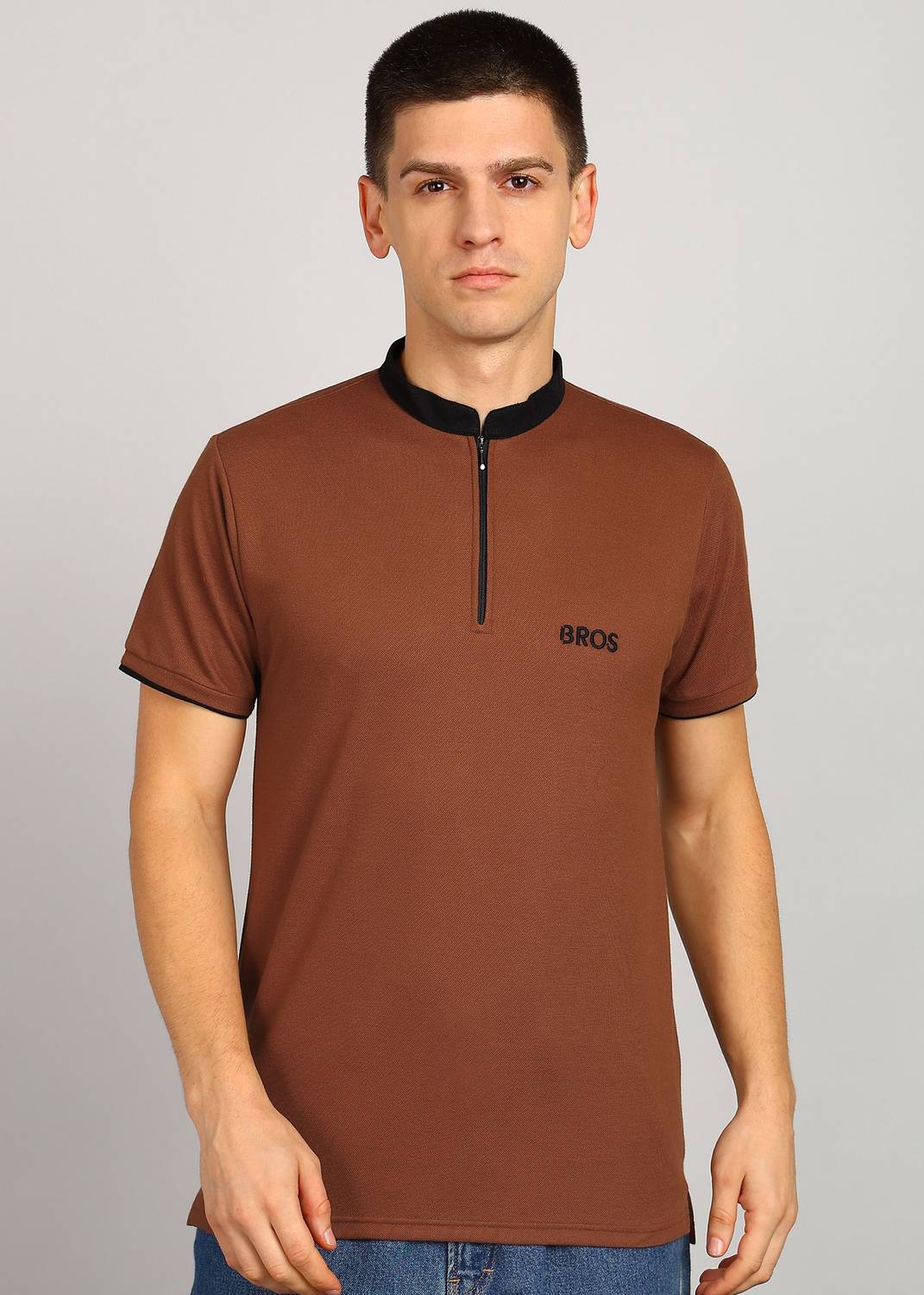 3BROS Solid Men Zip Neck Brown T-Shirt