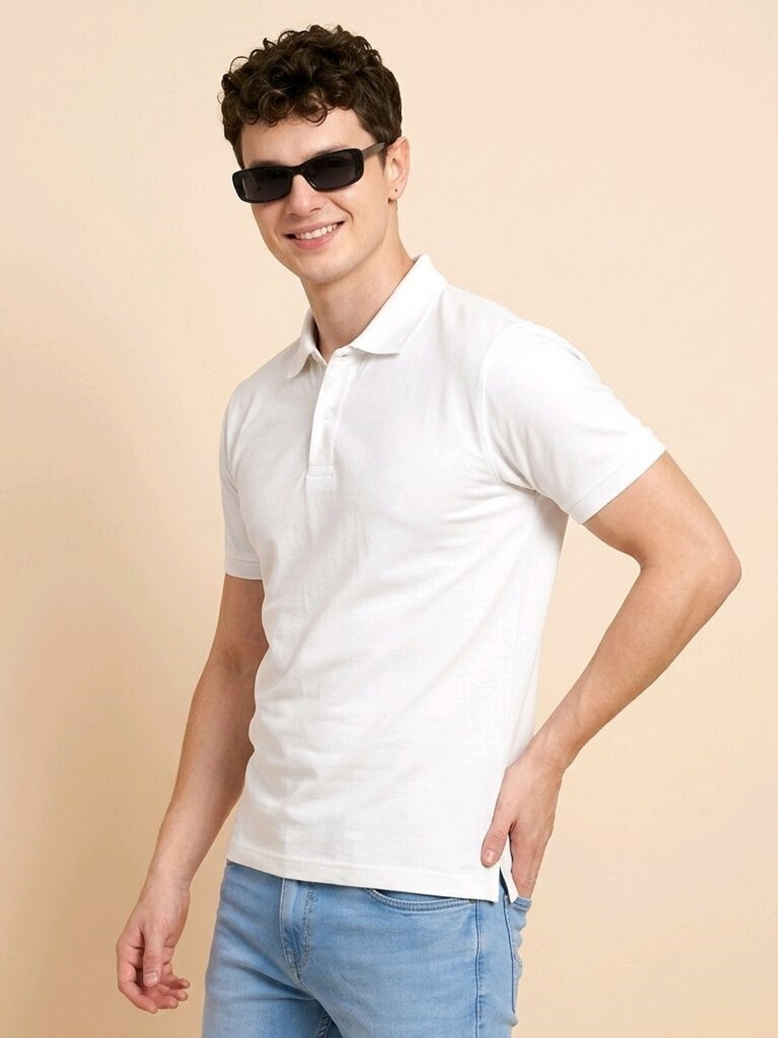 Image of Roadster Solid Men Polo Neck White T-Shirt