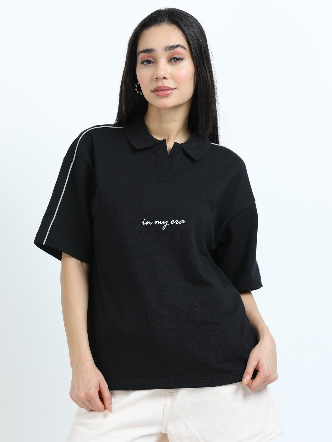 Image of Glitchez Typography Women Polo Neck Black T-Shirt