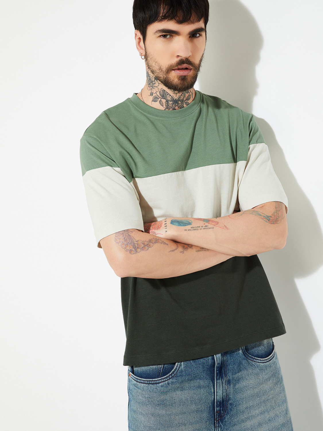 Image of MAX Colorblock Men Round Neck Green T-Shirt