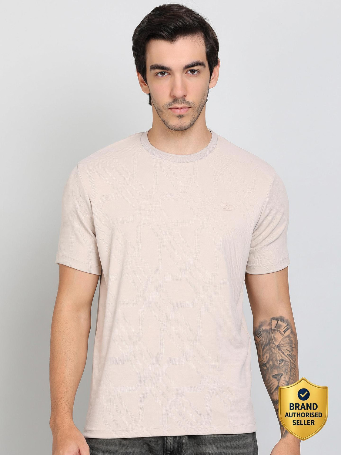 Image of KILLER Men Self Design Round Neck Polyester Beige T-Shirt