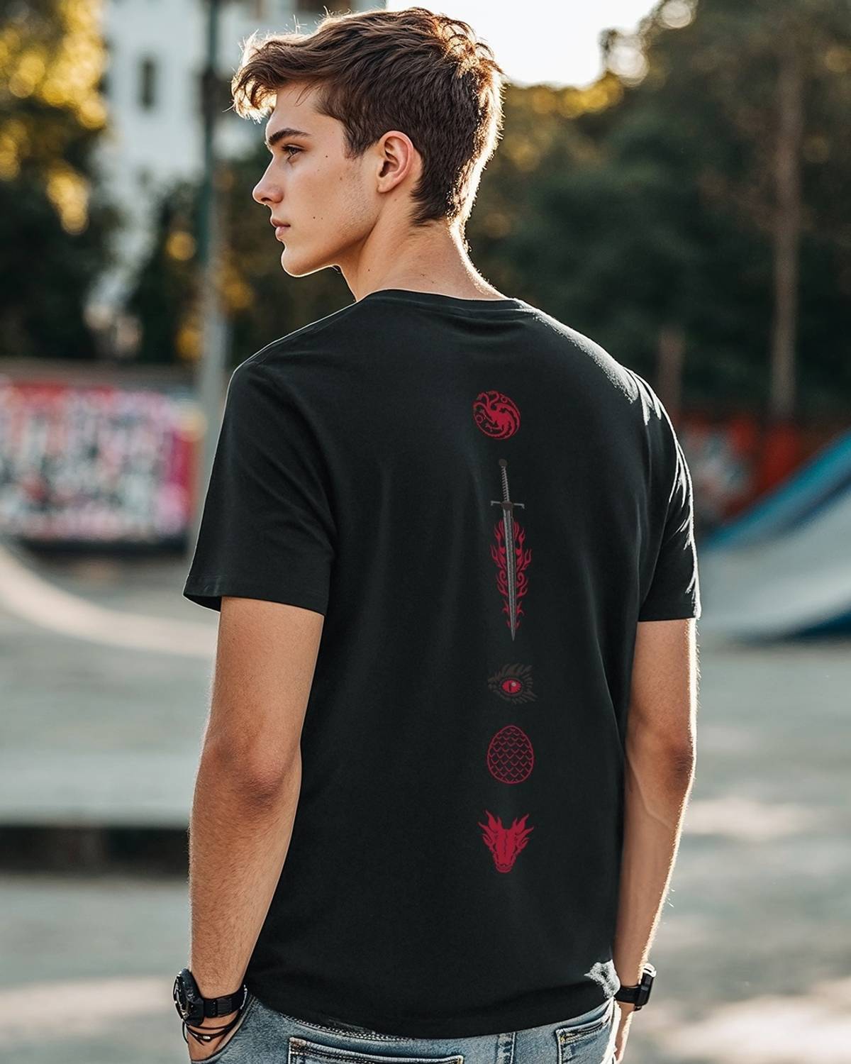 BEWAKOOF Dragon Men Graphic Print Round Neck Pure Cotton Black T-