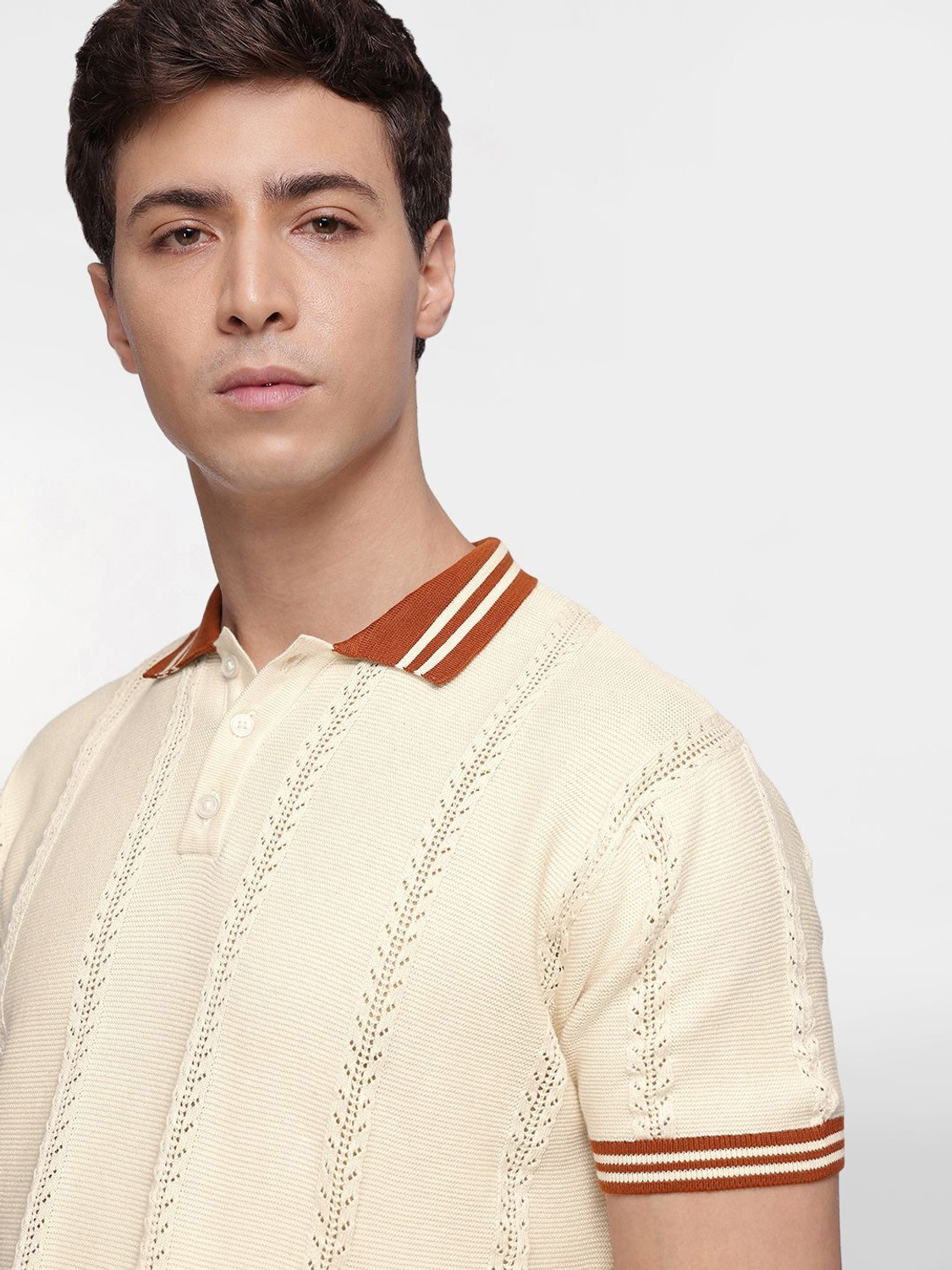 Image of French Connection Self Design Men Polo Neck White T-Shirt
