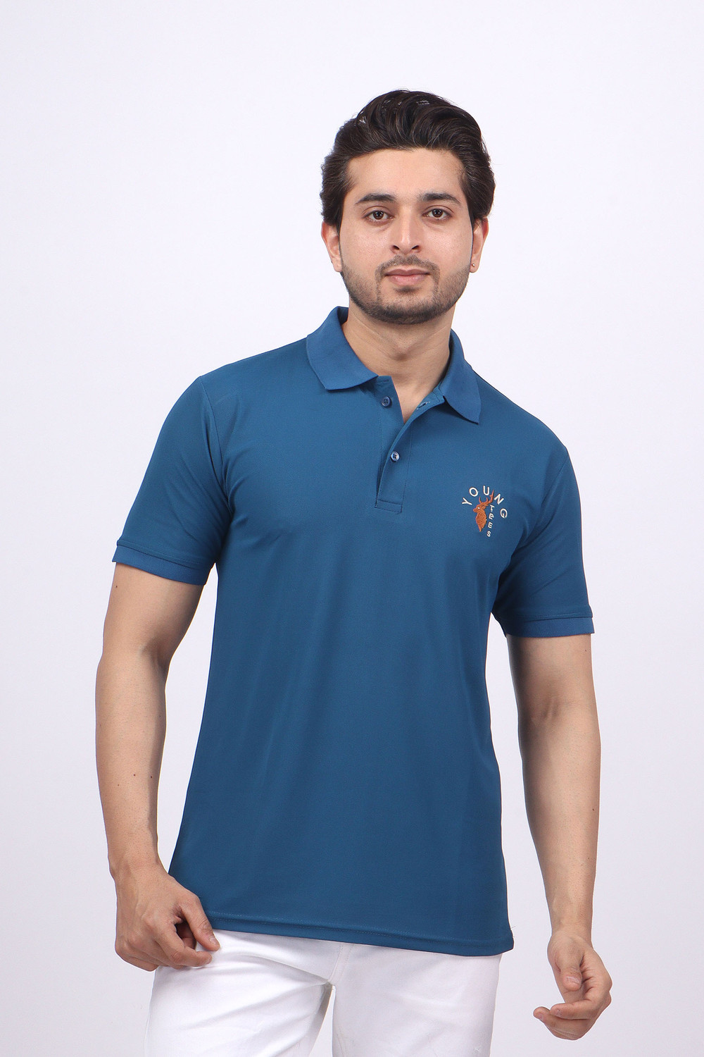 Image of swagfit Men Solid Polo Neck Cotton Blend Blue T-Shirt