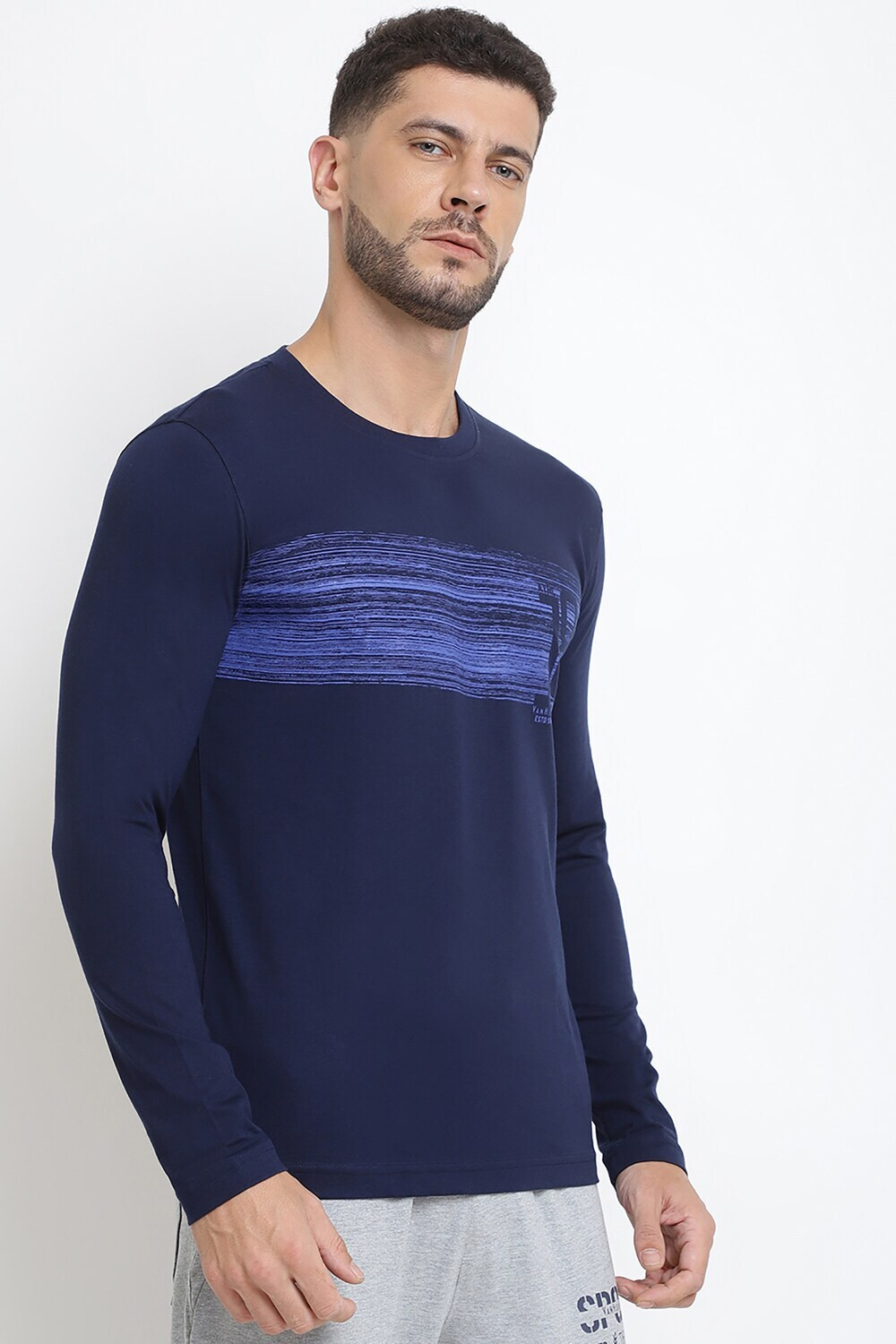 Image of VAN HEUSEN Printed Men Round Neck Dark Blue T-Shirt