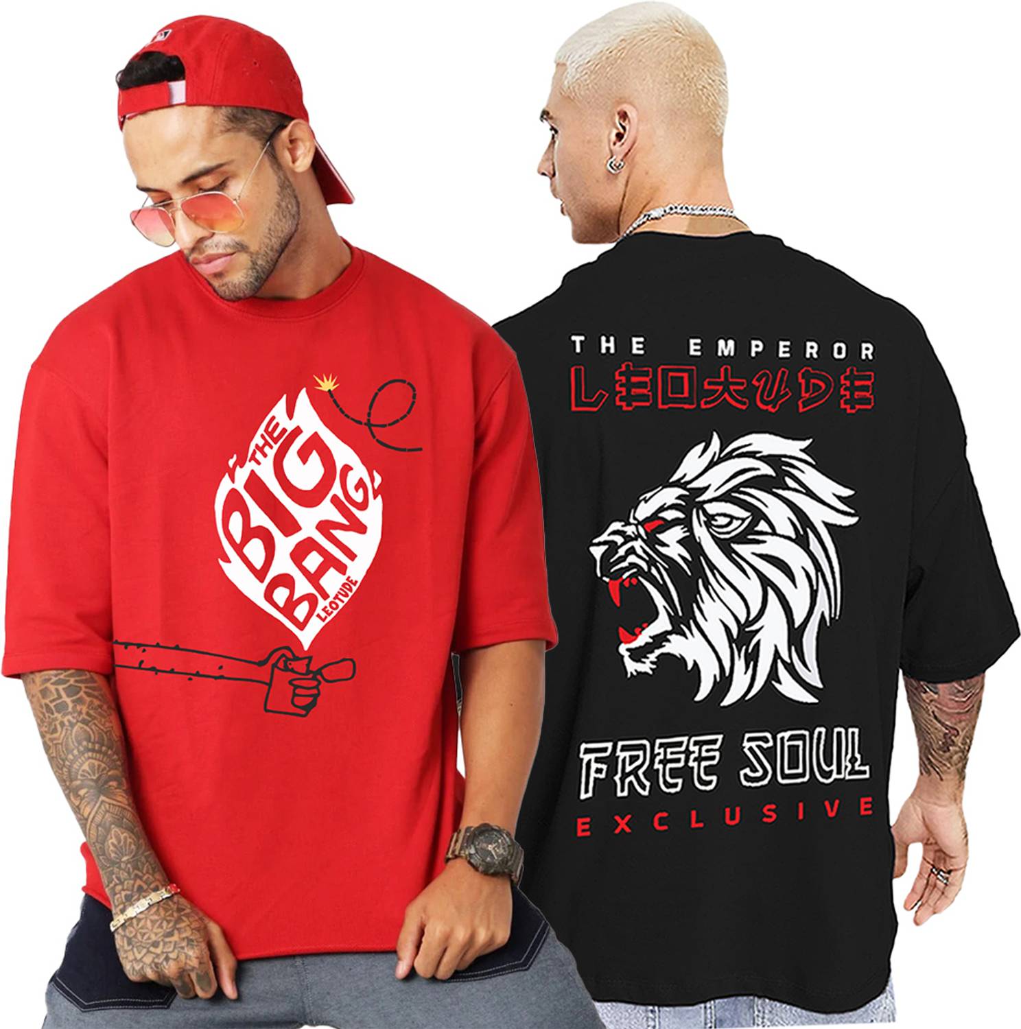 Leotude Men Printed Round Neck Cotton Blend Black, Red T-Shirt