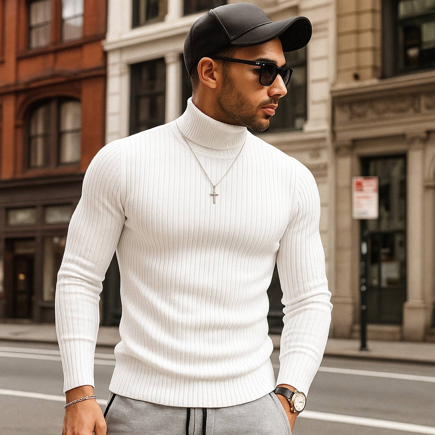 Toura Men Striped High Neck Cotton Blend White T-Shirt