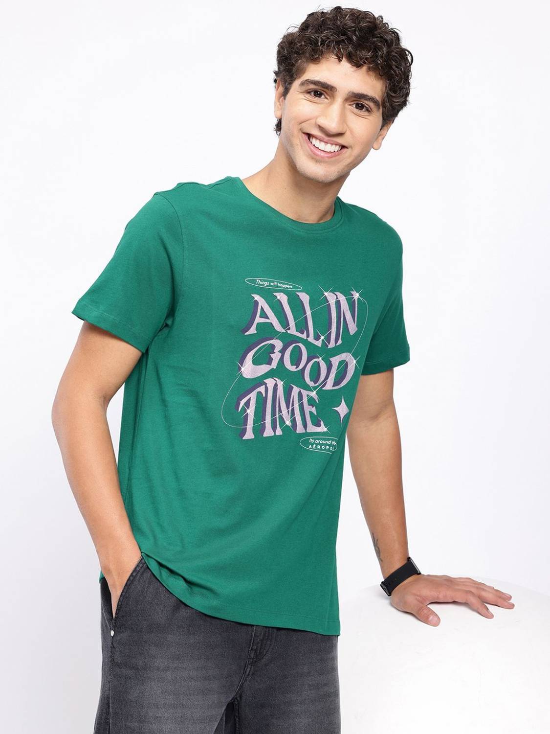 AEROPOSTALE Printed Men Round Neck Green T-Shirt