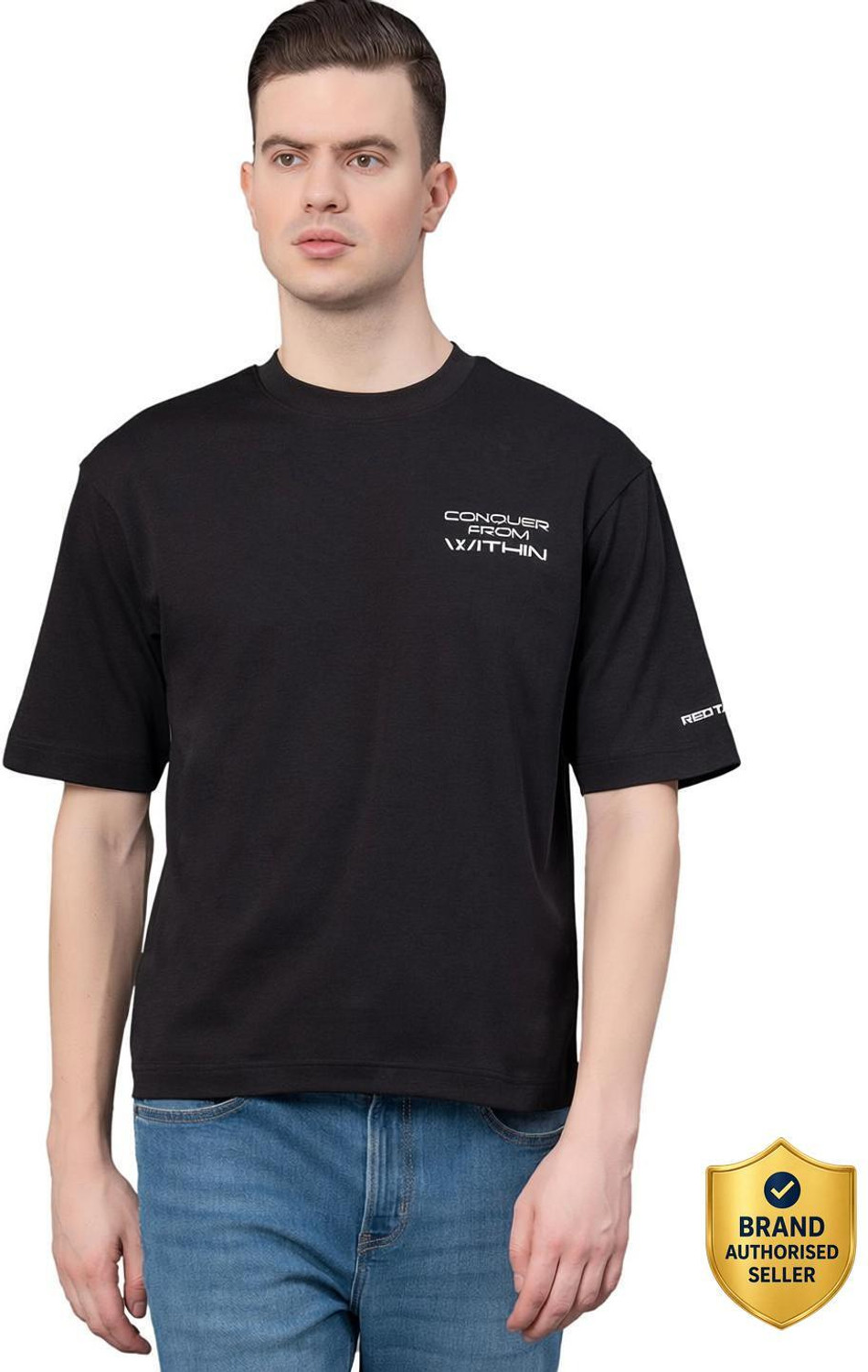 Image of RED TAPE Graphic Print Men Round Neck Black T-Shirt
