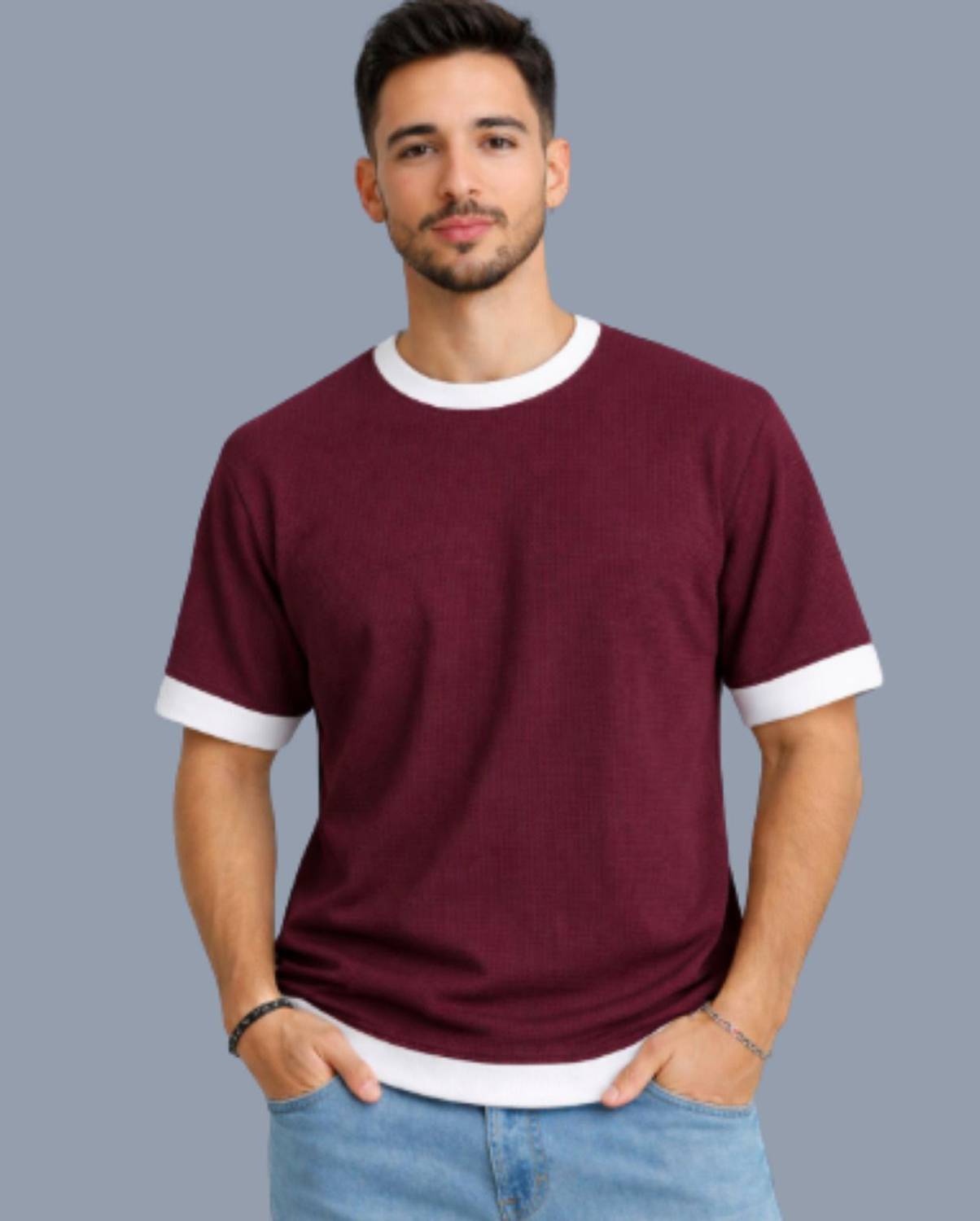 AZIZAN Men Maroon Round Neck T-Shirt - Image 1