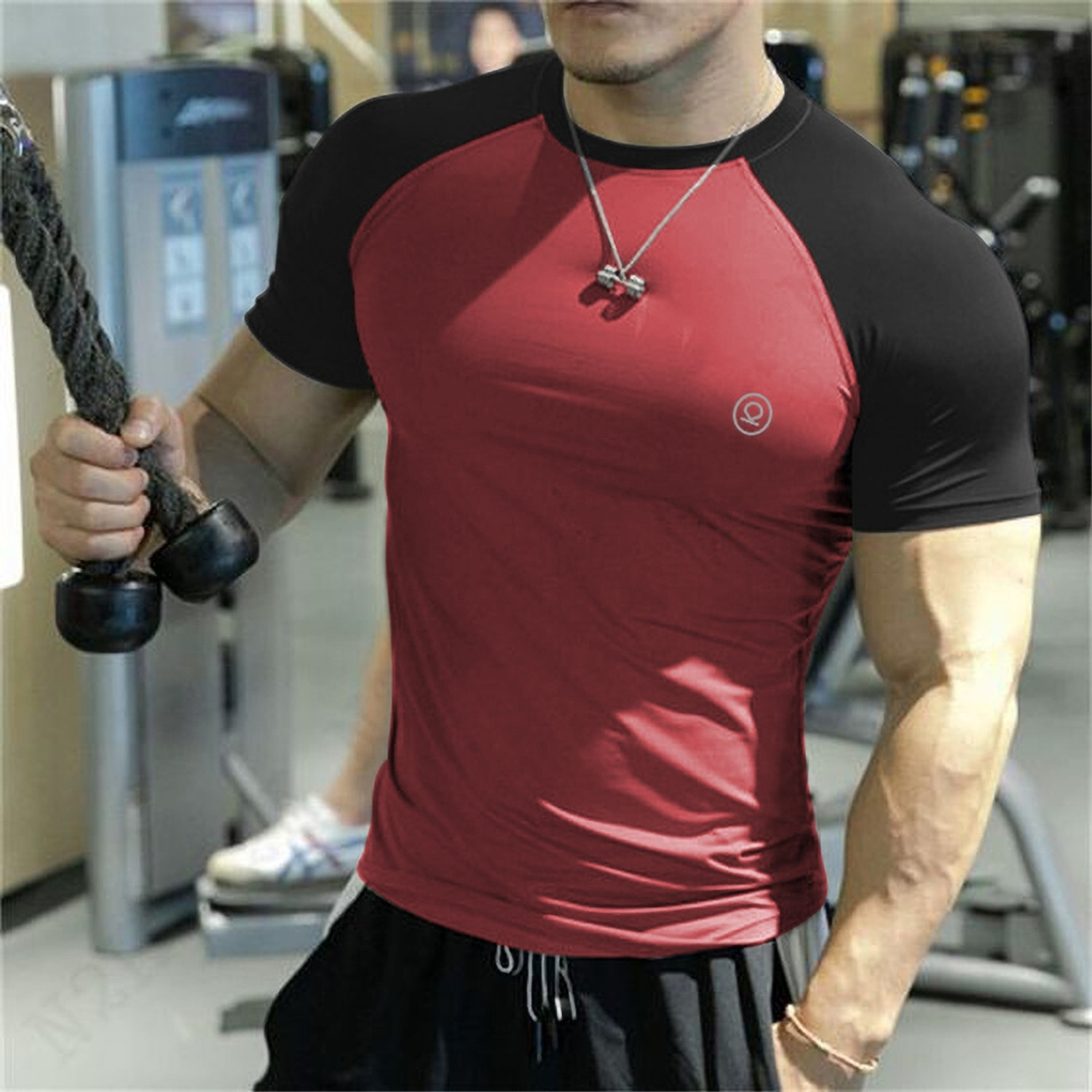Image of CHKOKKO Colorblock Men Round Neck Maroon, Black T-Shirt