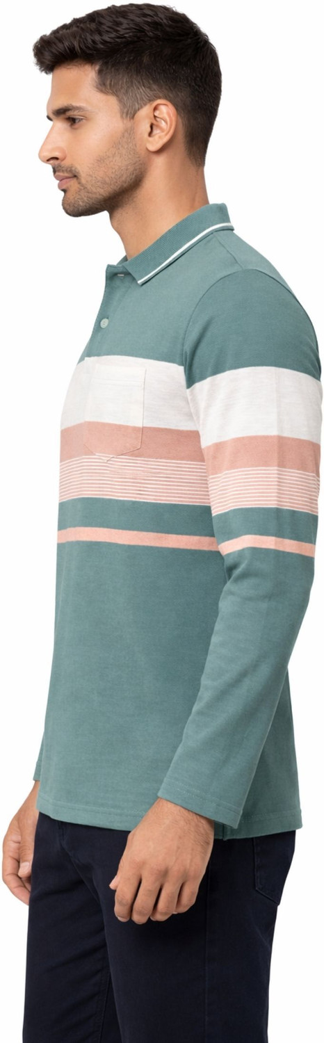 Image of SANE ORIGINALS Striped Men Polo Neck Multicolor, Light Green T-Shirt