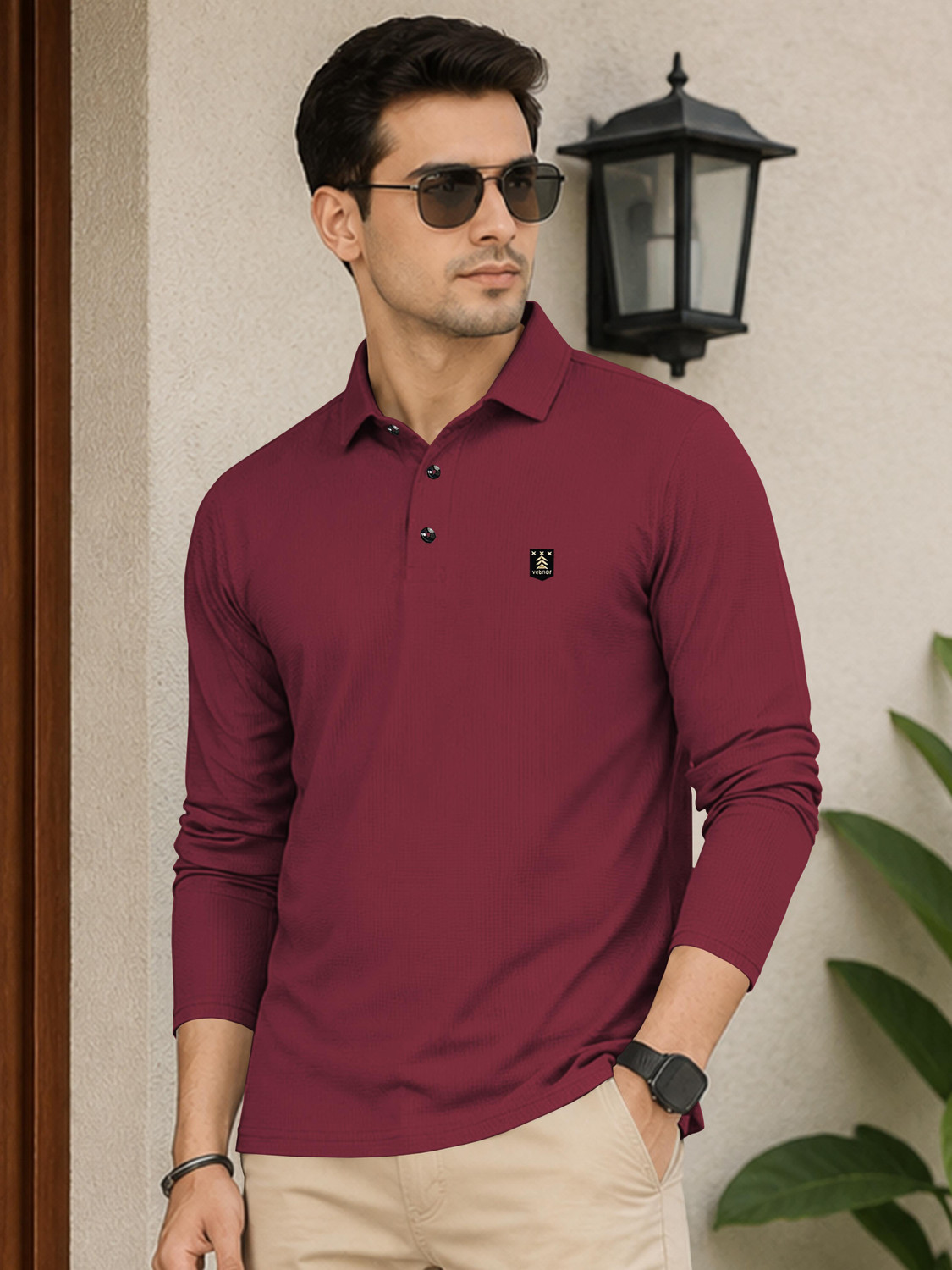 Image of VeBNoR Self Design Men Polo Neck Maroon T-Shirt
