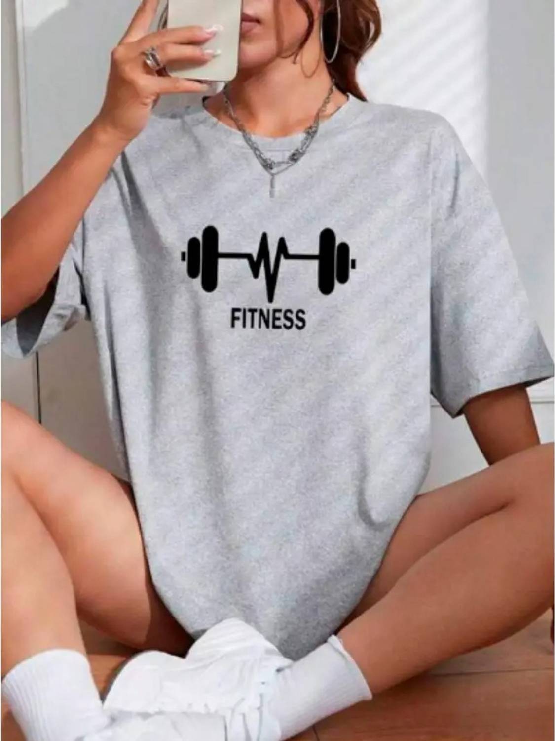 ELBATROSS Printed Women Round Neck Grey T-Shirt