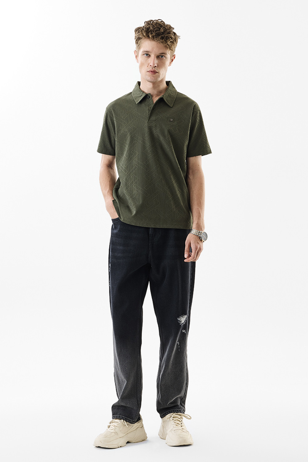 Image of Snitch Geometric Print Men Polo Neck Dark Green T-Shirt