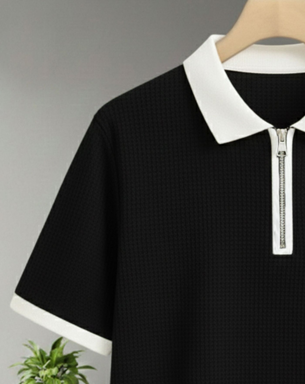 Image of AOOSH Self Design Men Zip Neck Black, White T-Shirt
