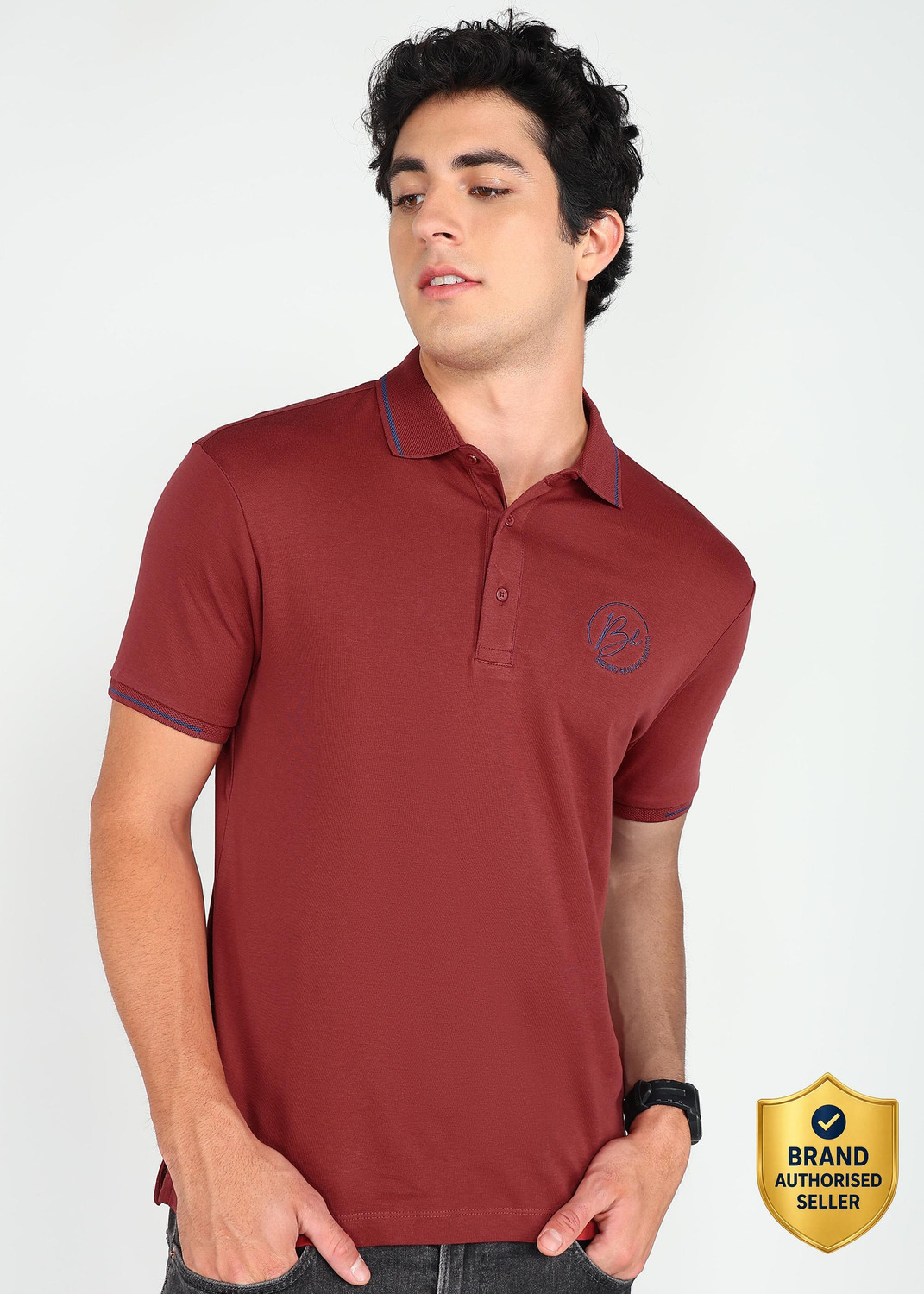 Image of BEING HUMAN Solid Men Polo Neck Maroon T-Shirt