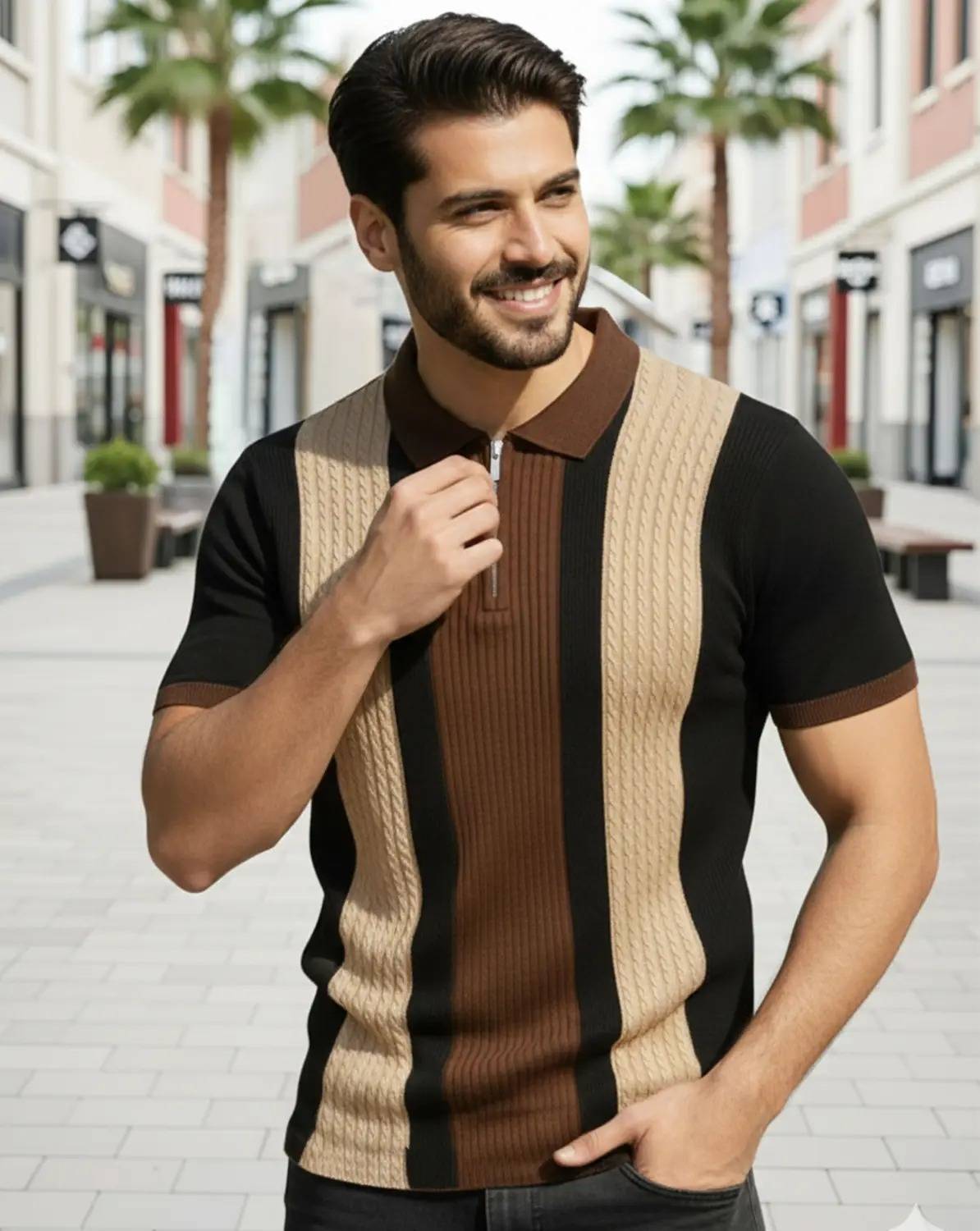 KAJARU Colorblock Men Zip Neck Beige T-Shirt - Image 1