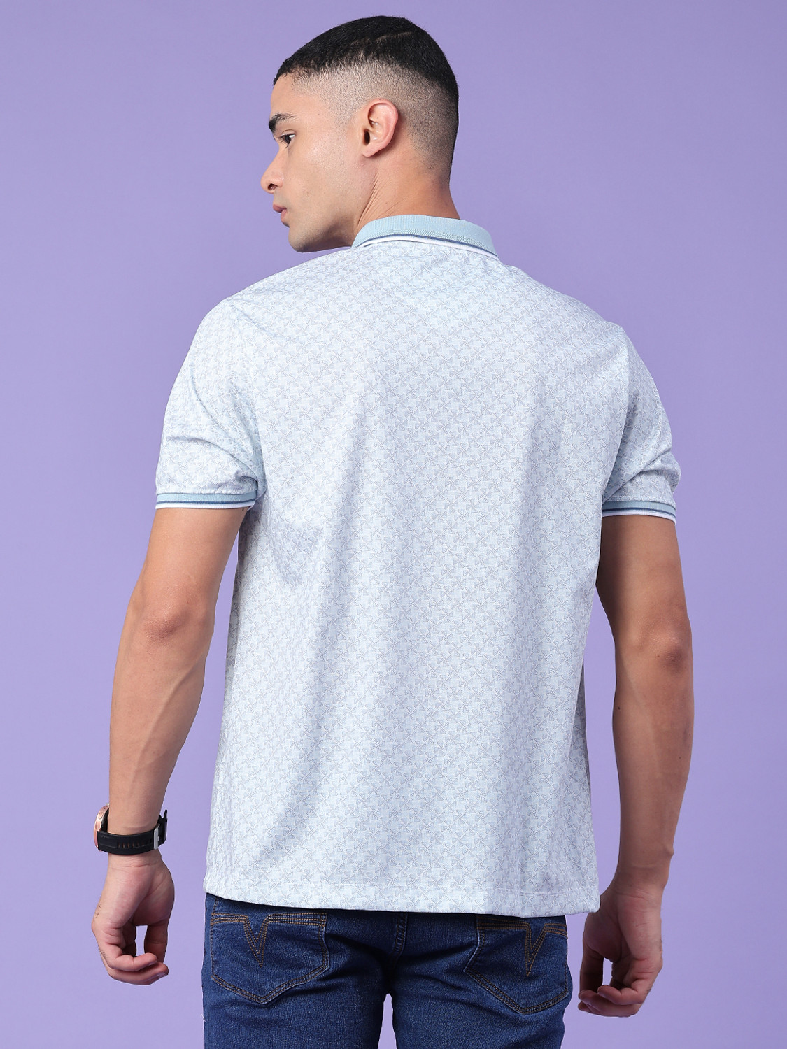 Image of V-MART Printed Men Polo Neck Light Blue T-Shirt