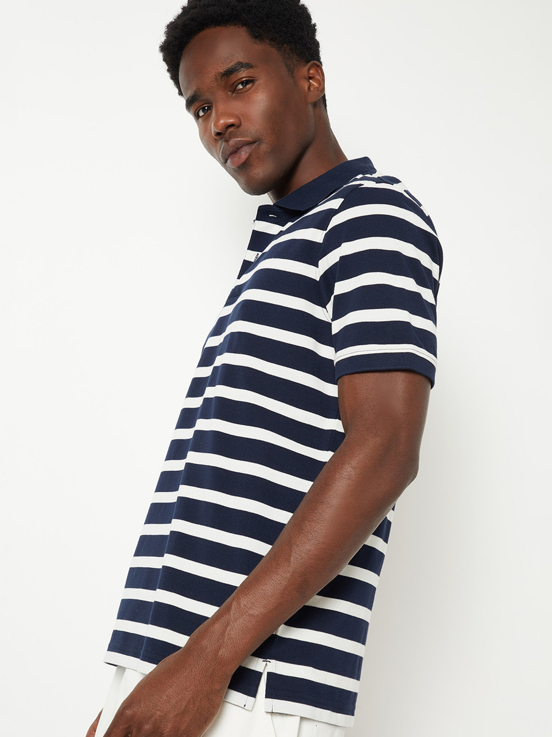 Image of MAX Striped Men Polo Neck Blue T-Shirt