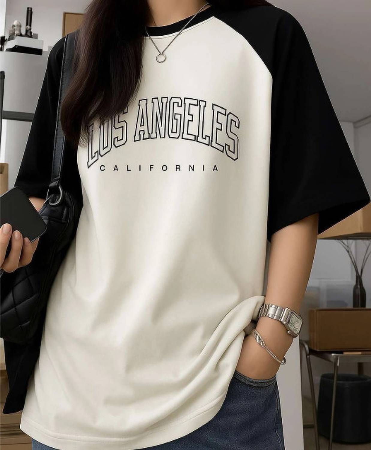 LOOKS Colorblock Women Round Neck Black, White T-Shirt - Image 5