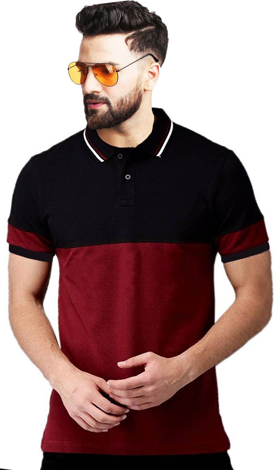 Leotude Men Colorblock Polo Neck Cotton Blend Black T-Shirt
