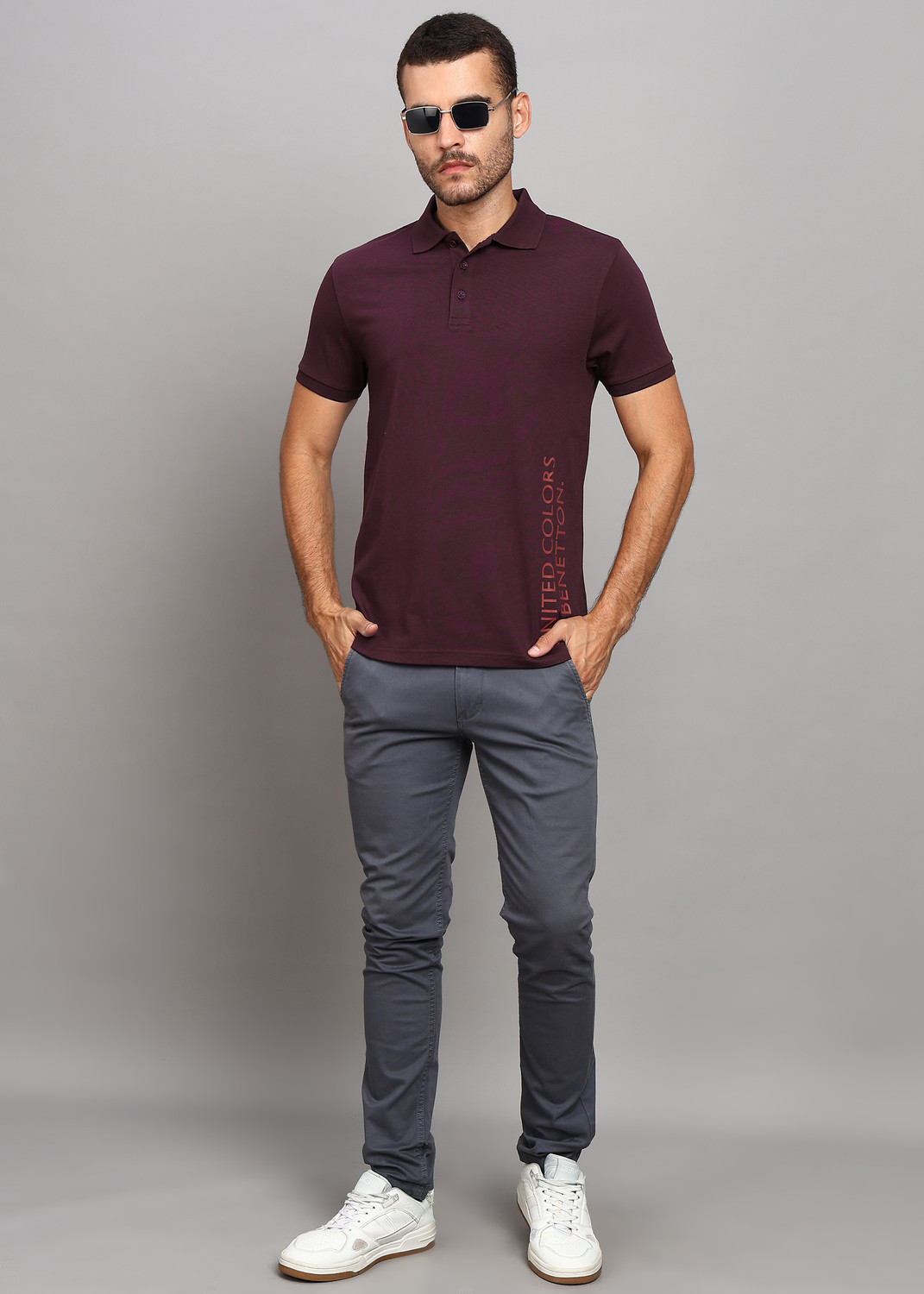 Image of United Colors of Benetton Printed Men Polo Neck Maroon T-Shirt
