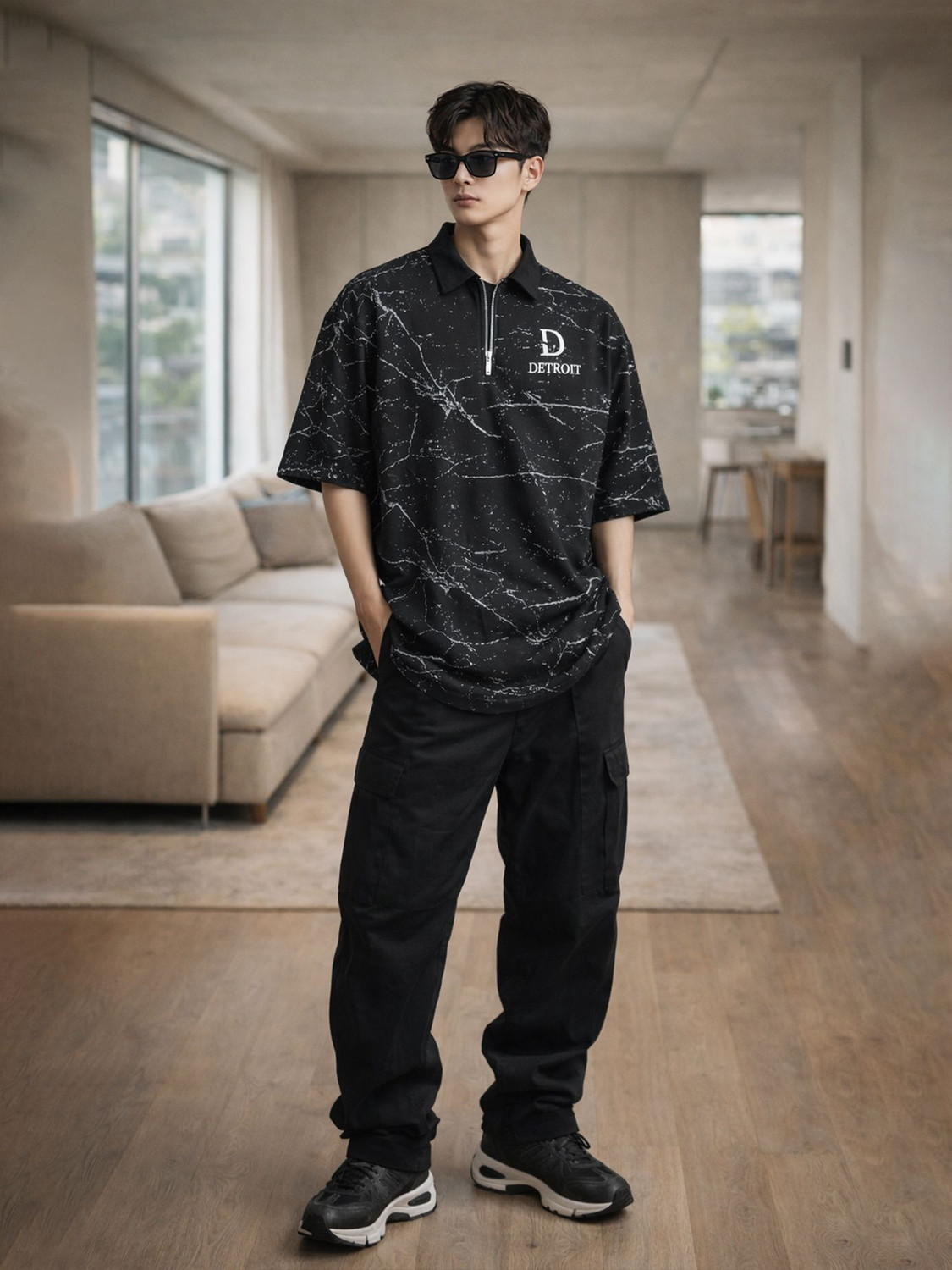 Image of Jump Cuts Printed Men Zip Neck Black, Grey T-Shirt