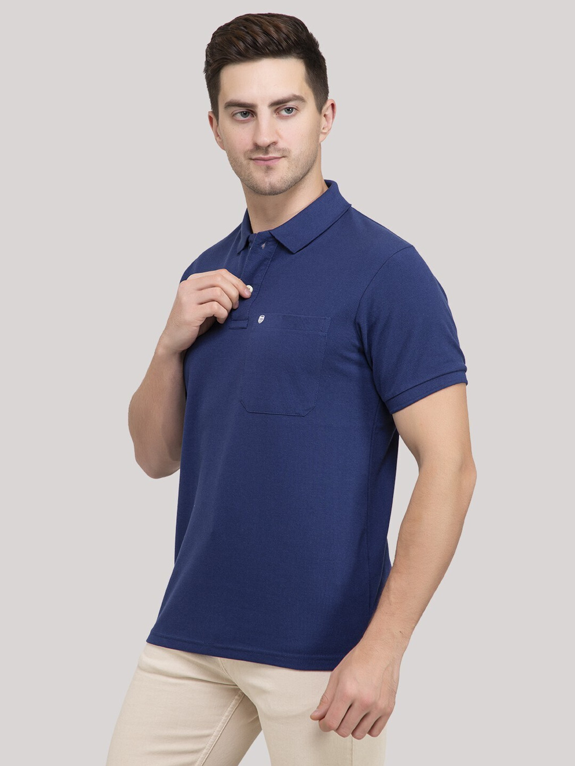 Image of PRORIDERS Solid Men Polo Neck Dark Blue T-Shirt
